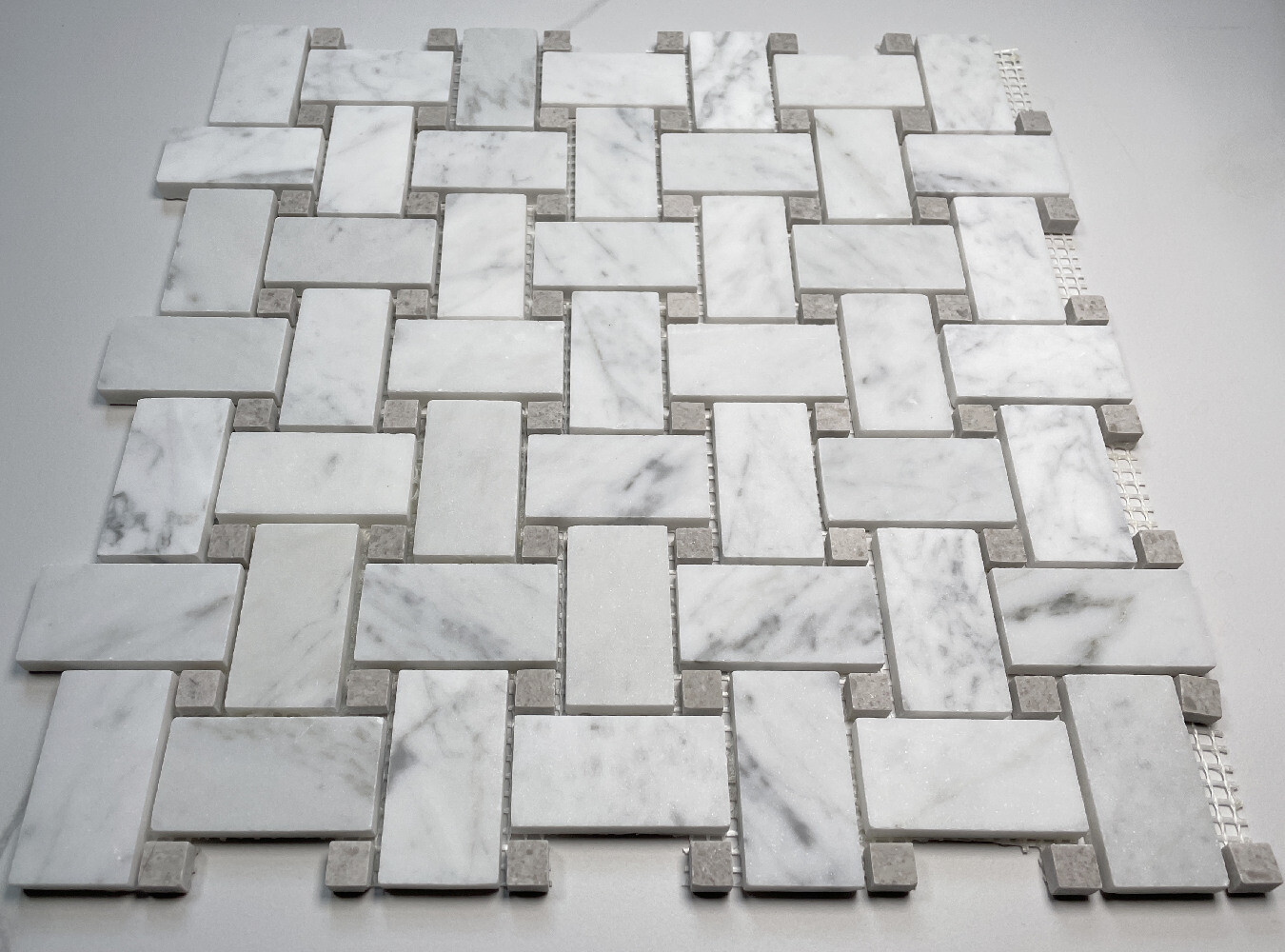 C653XH Carrara White Marble 1×2 Basketweave Mosaic Tile Gray Dots Honed