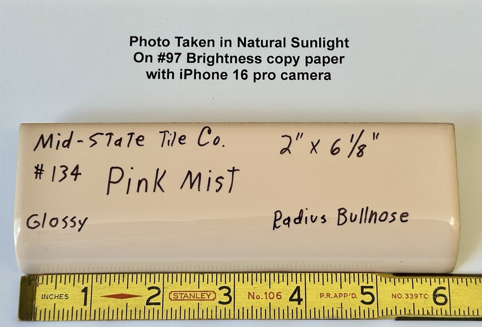 1pc. *Peachy Pink Mist* Glossy Ceramic Radius Mud Cap Bullnose Tile; 2″ X 6″ NOS