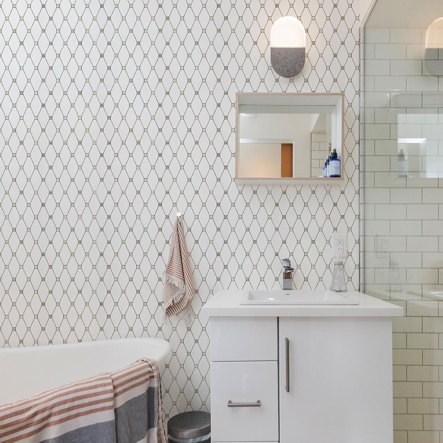 10 Sheets Peel and Stick Backsplash, Pure White Marble Look PVC Mixed Metal Gold