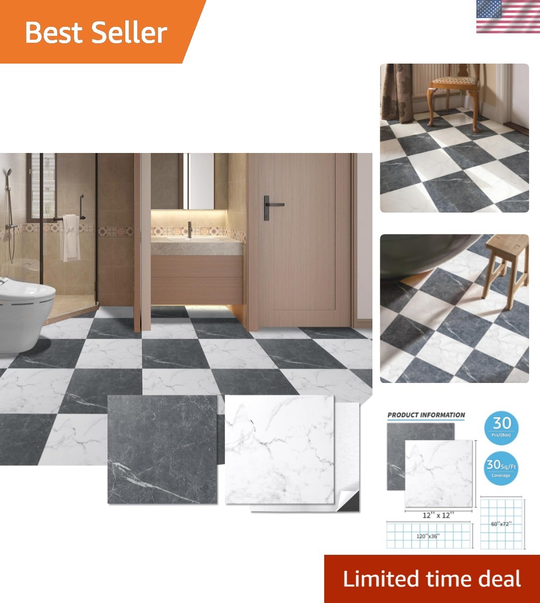 Peel and Stick Vinyl Floor Tiles 30-Pack 12 x 12 inch, Self Adhesive Waterpro…