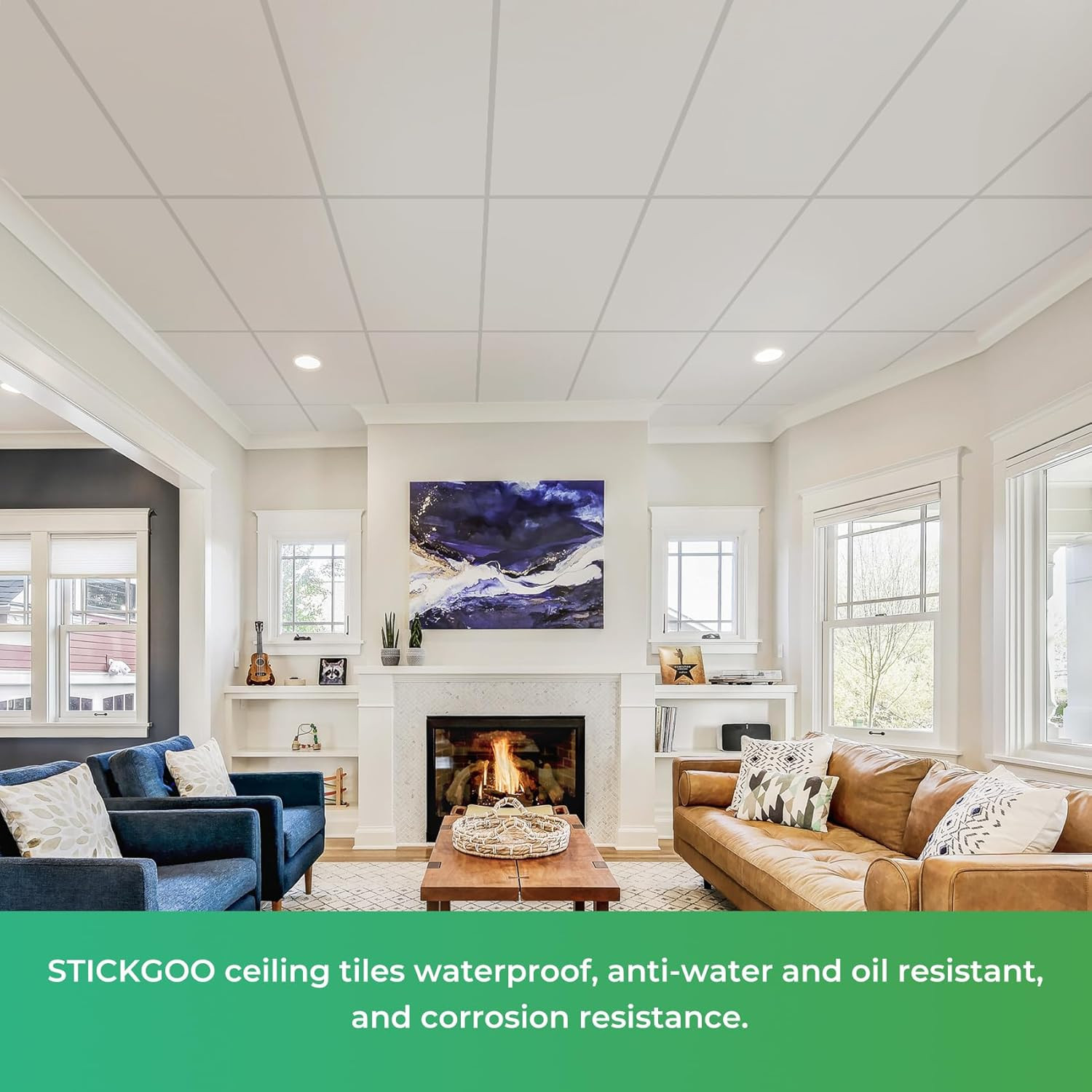 PVC Drop Ceiling Tiles 2′ x 4′, Waterproof, Fire-Rated, Pack of 10