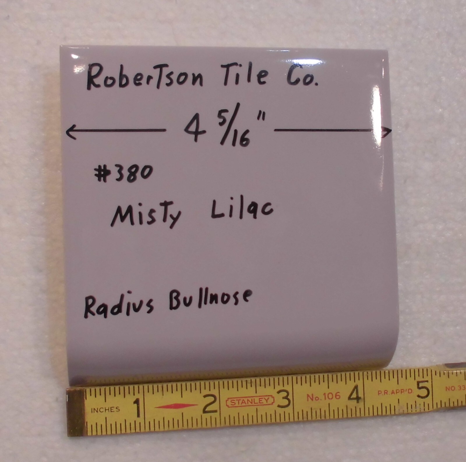 1 pc. Radius Bullnose; Misty Lilac: Glossy Ceramic Tile by Robertson 4-5/16″