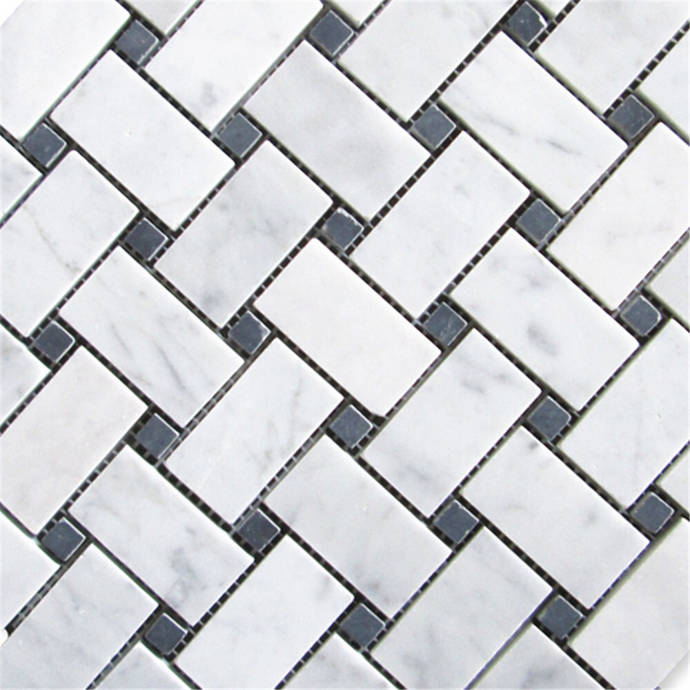 C651XH Carrara Venato Marble Basketweave Mosaic Tile Black Dots Honed 1×2