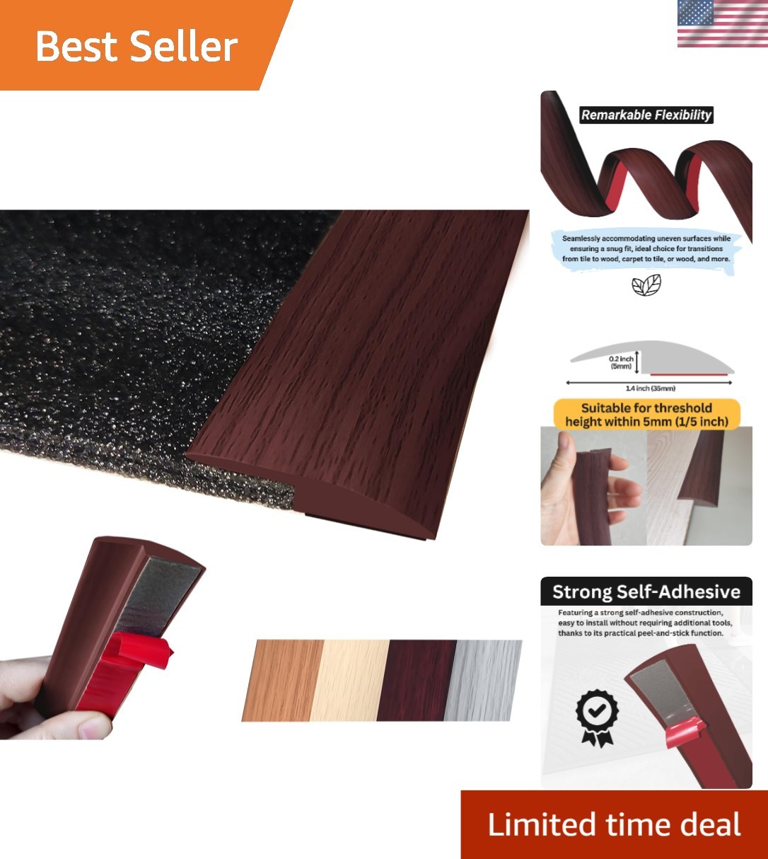 1/5 Inch Height Floor Transition Strip – 40″ Red Wine for Safe Spaces