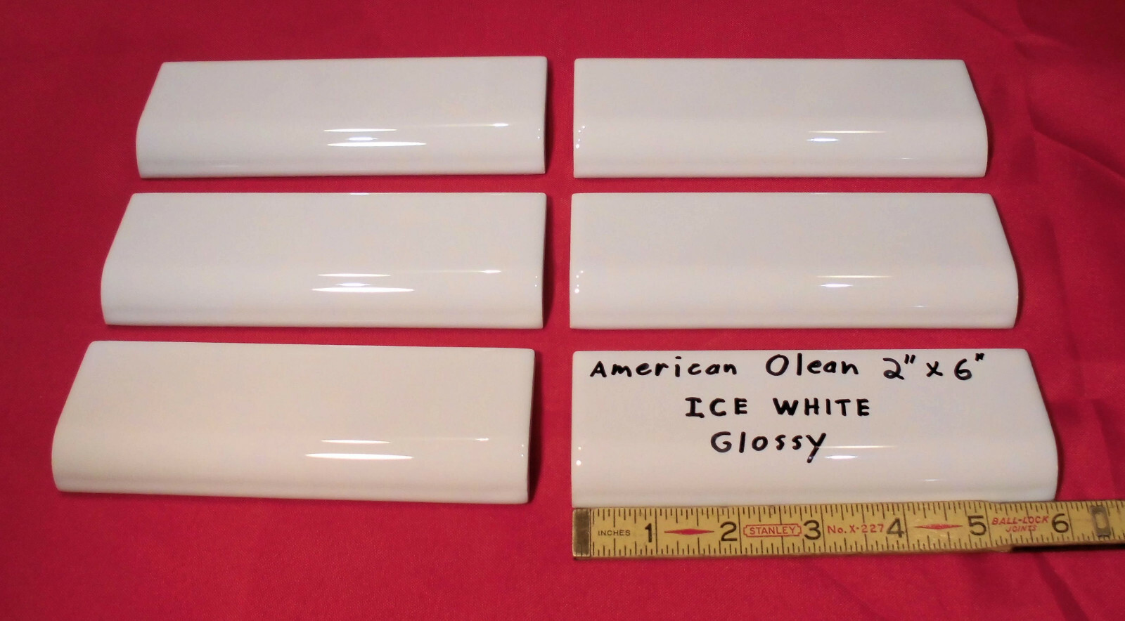 6 pcs. *Glossy Ice White* 2″ X 6″ X 5/8″ Ceramic Radius Bullnose Tiles; NEW