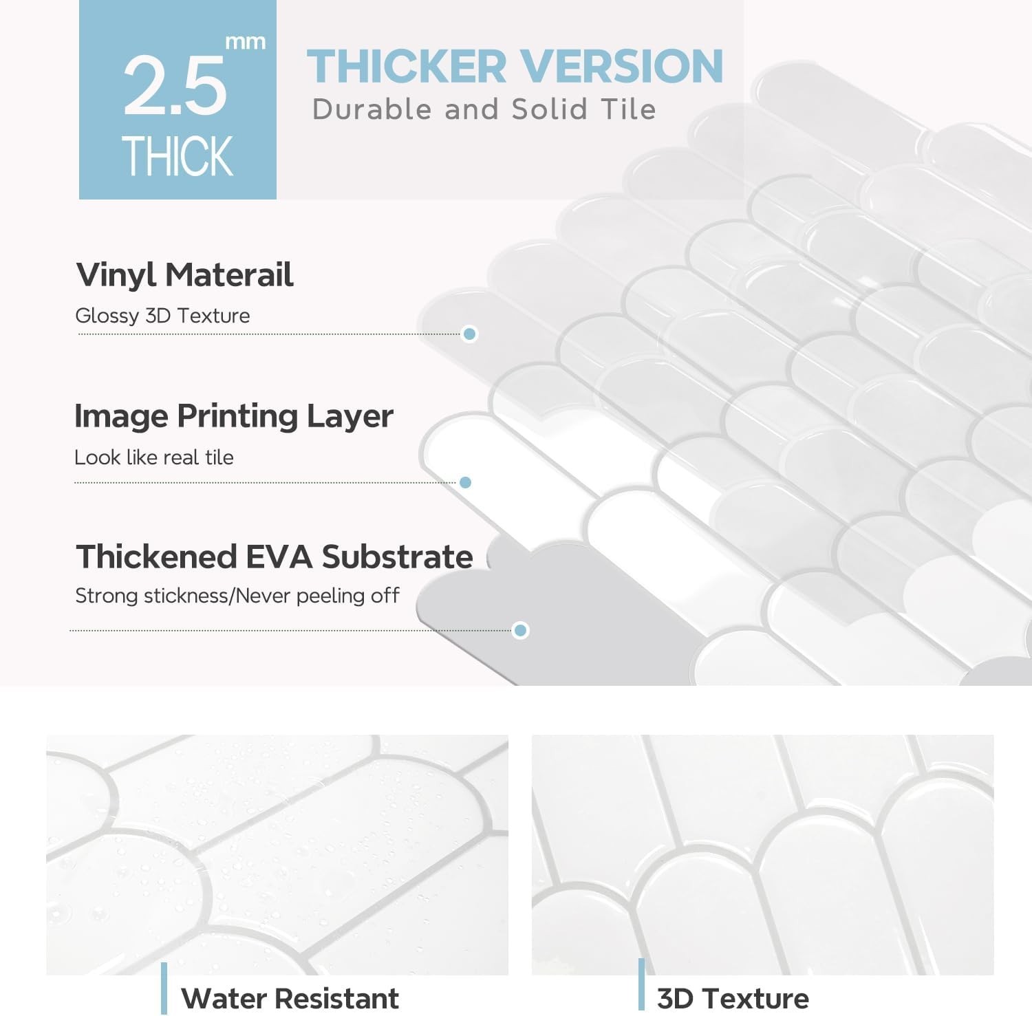 Vamos Tile Upgraded Thicker Design 11.1”x12”x2.5mm, White with Grey Grout 10pk