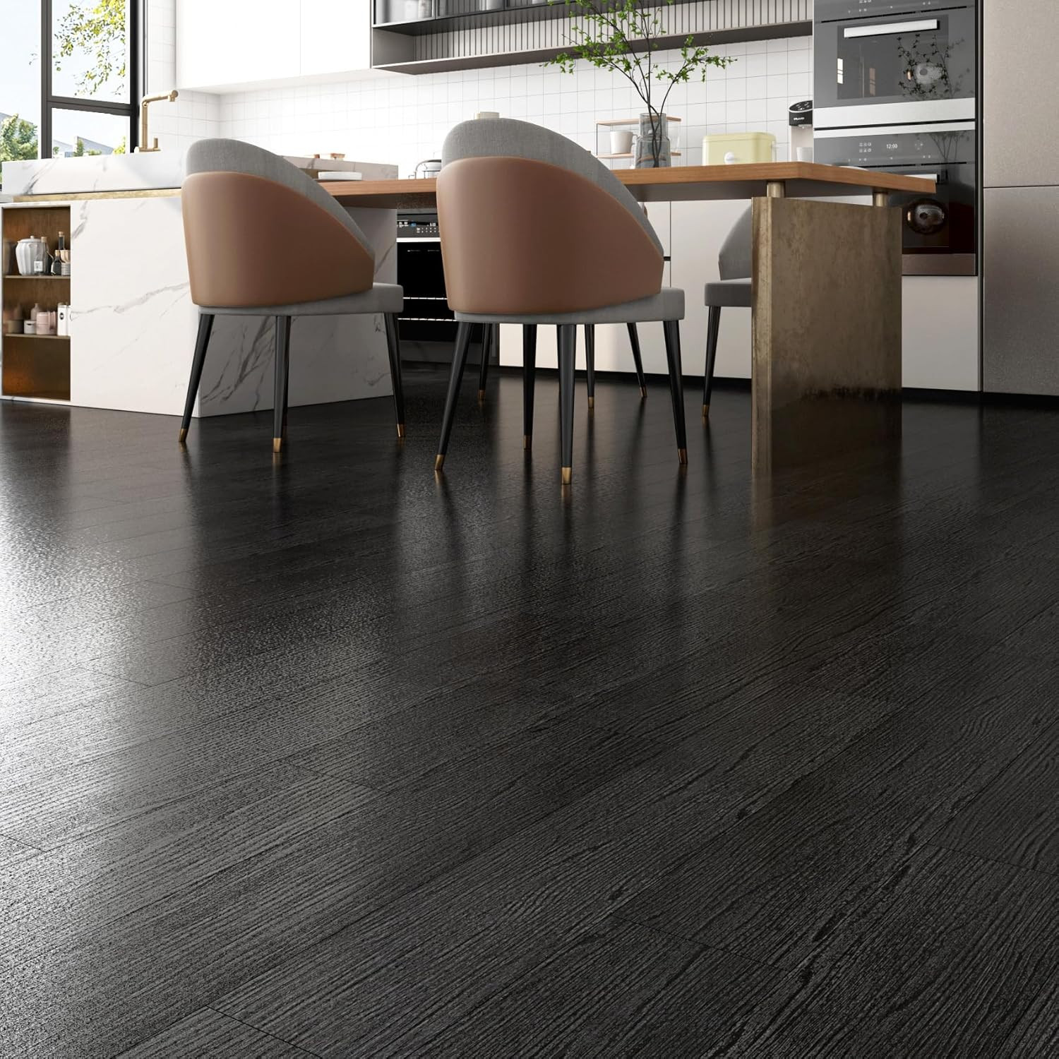 35-Pack 6″x36″ Black Wood Peel and Stick Waterproof Vinyl Flooring Planks