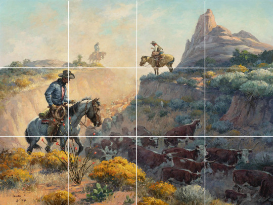 Taking the Tally cattle drive cows country western ceramic tile mural backsplash