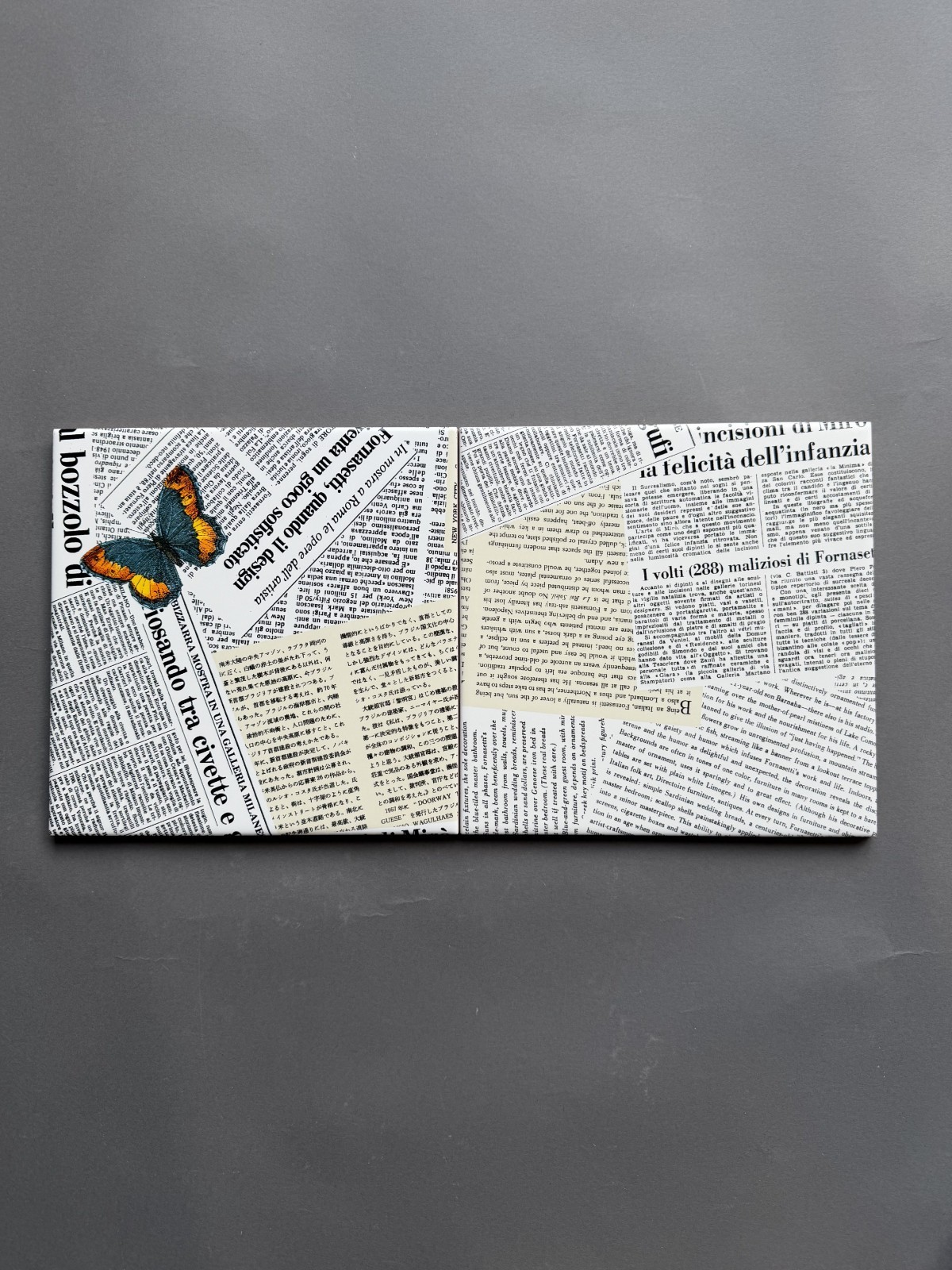 Fornasetti Newspaper & Butterfly Tile Pair 8×8 – Ceramica Bardelli Italy