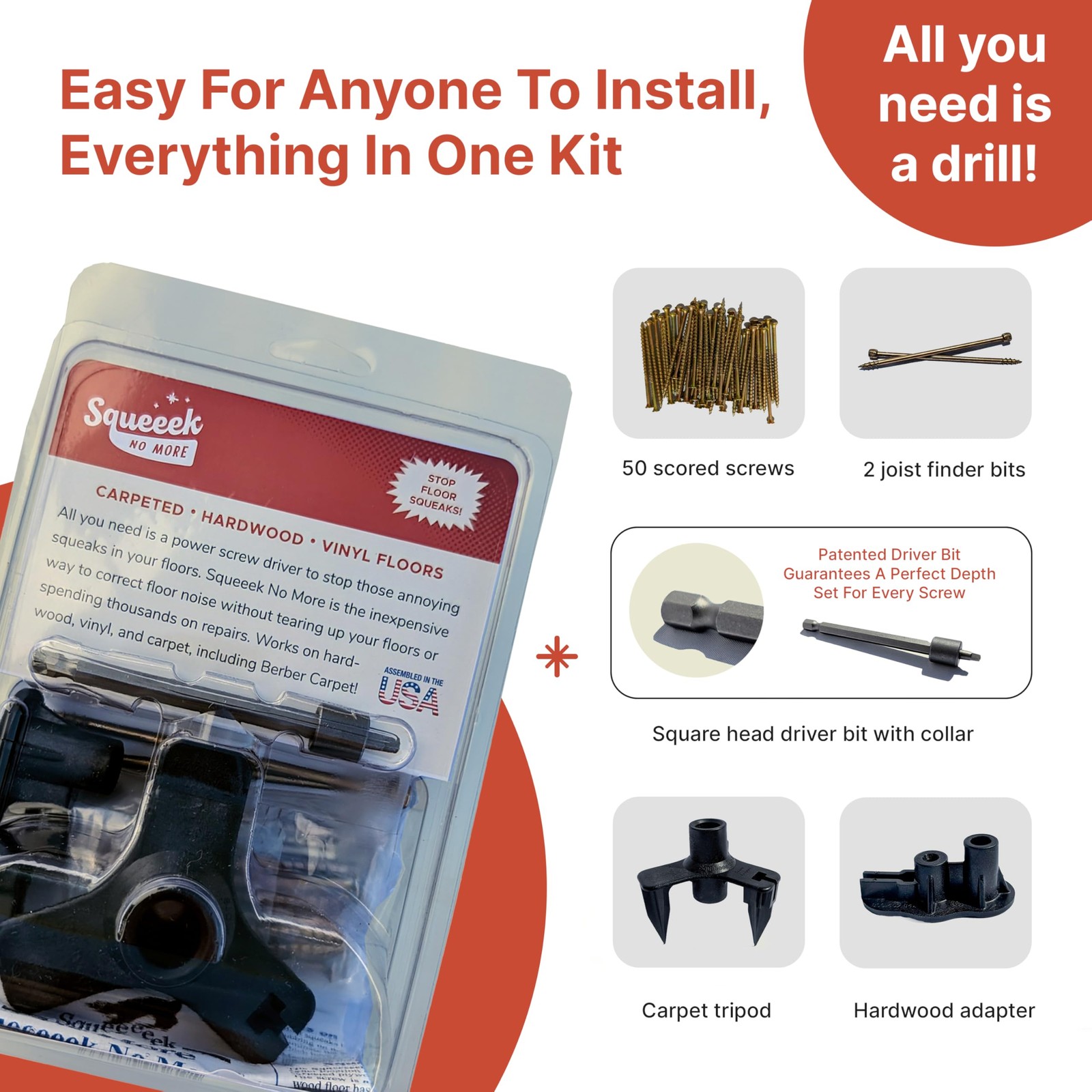 Squeaky Floor Repair Kit for Hardwood, Carpet, Vinyl & Linoleum – Complete
