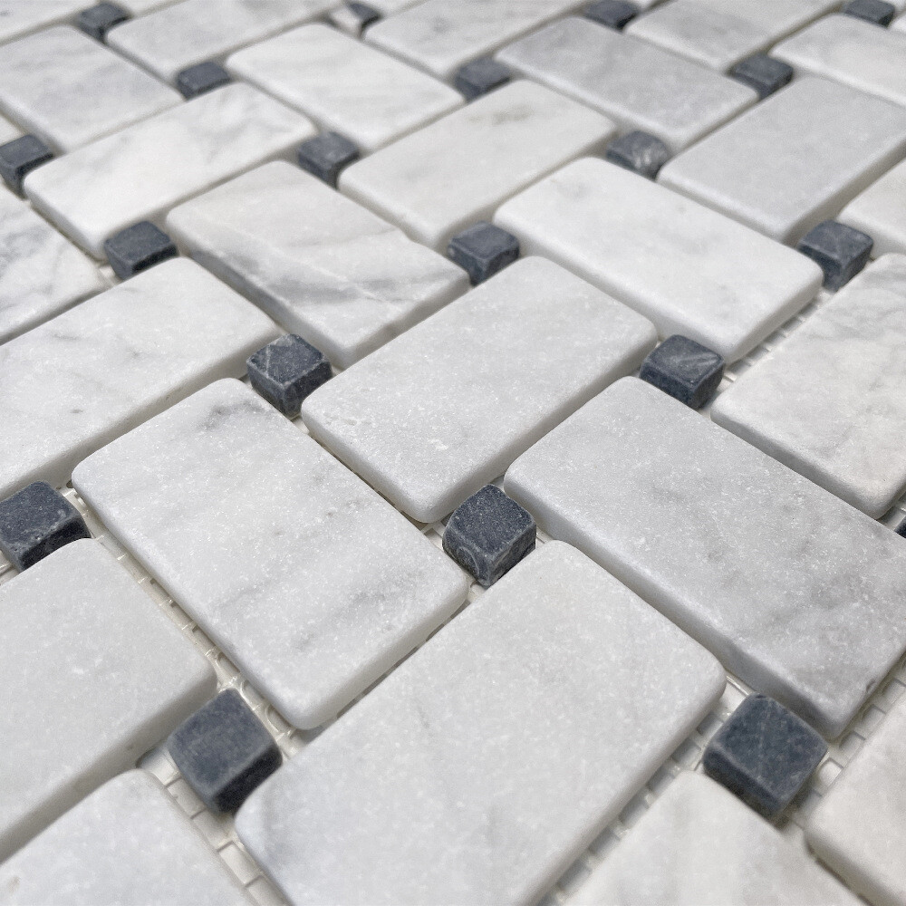 C651XT NonSlip Carrara Venato Marble Basketweave Mosaic Tile Black Dot Tumble