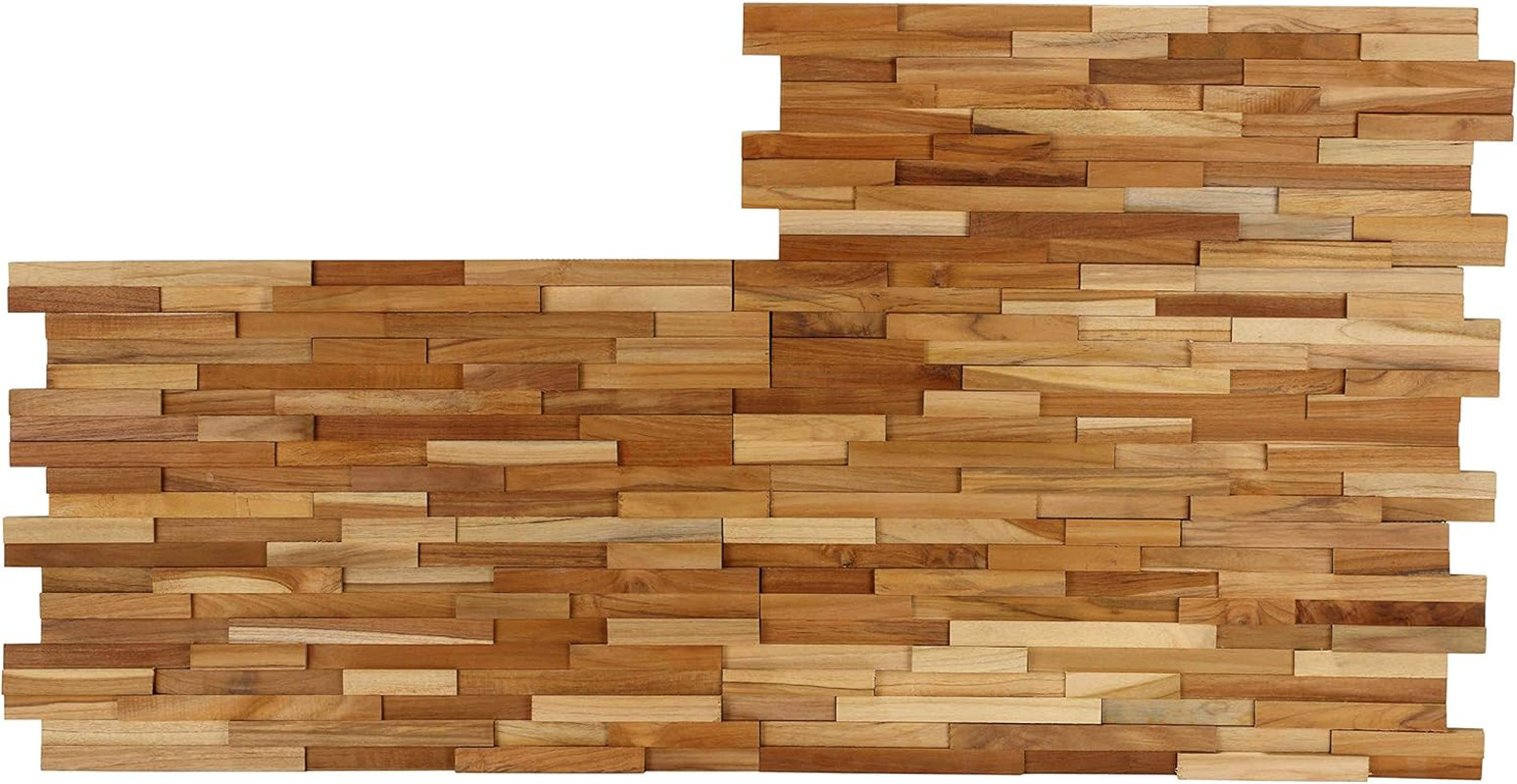 Ez-Wall 3D Mosaic Tile in Solid Teak Wood, Set of 10 Natural Finish Tiles