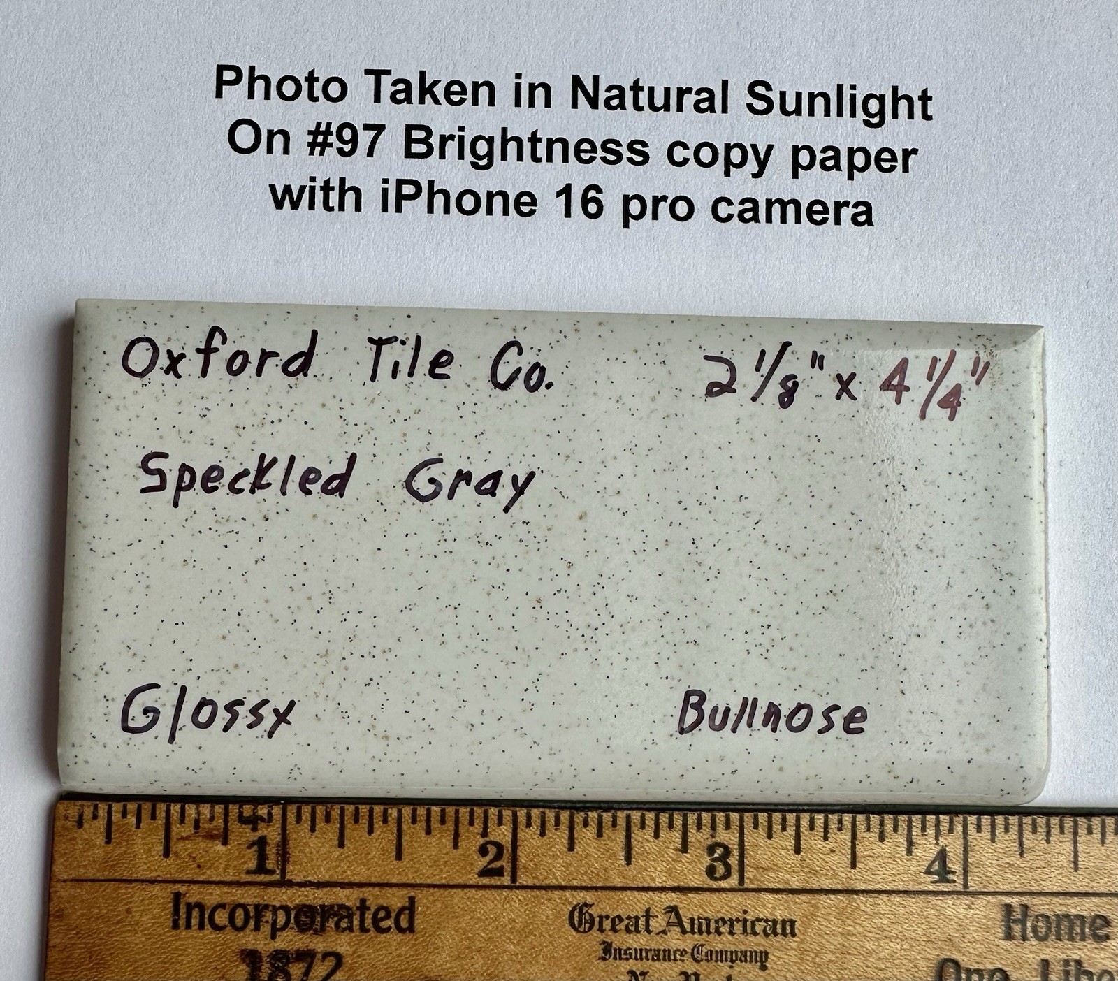 1 pc. Speckled Gray: 2-1/8″ X 4-1/4″ Glossy Bullnose Ceramic Tile by Oxford Co.