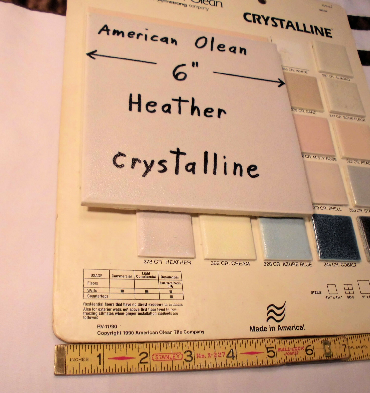 1 pc. 6″ Ceramic Tile Crystalline *Heather -Off White* by American Olean; NOS