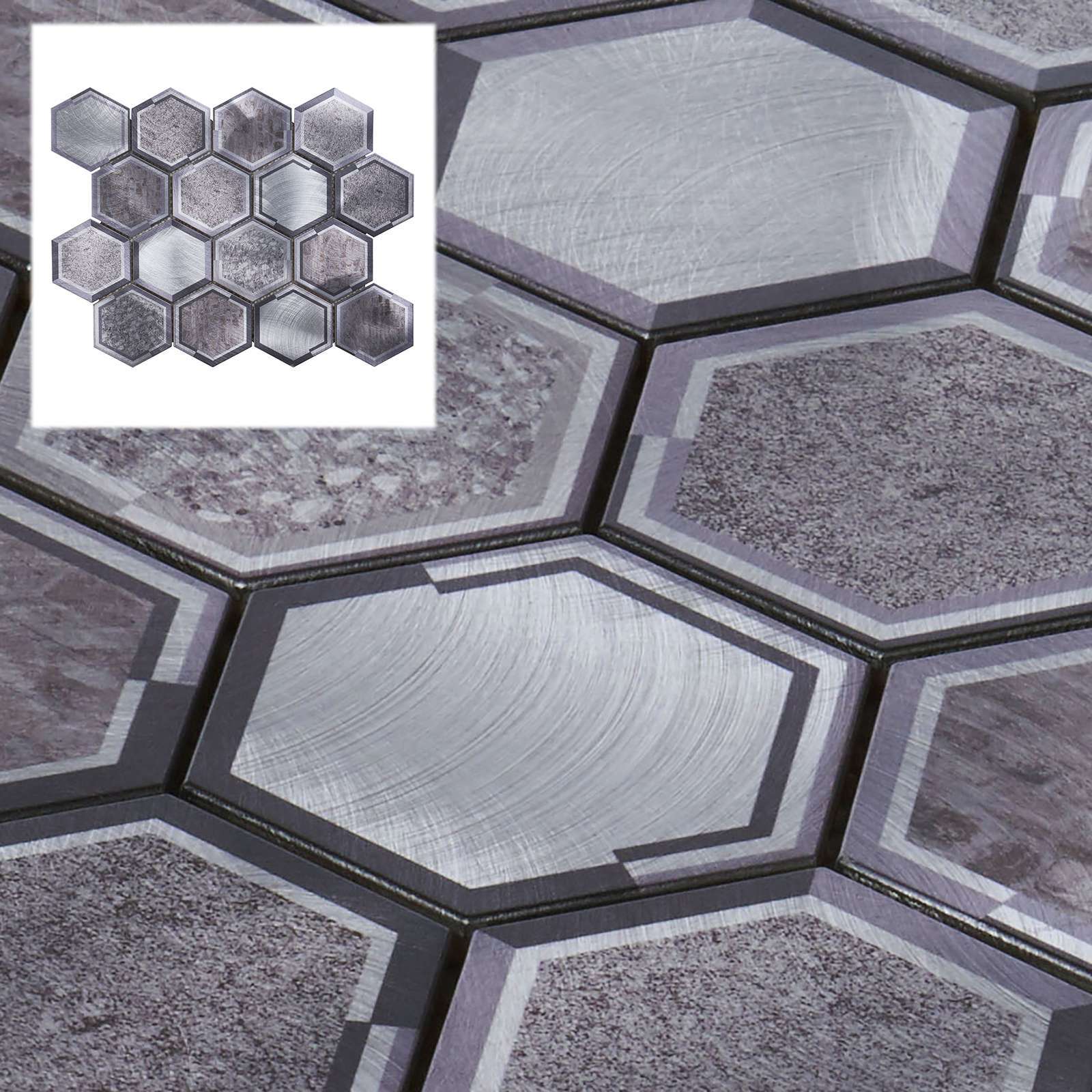 Gray Aluminum Antique Metallic Metal 2.5″ Hexagon Mosaic Tile Kitchen Backsplash