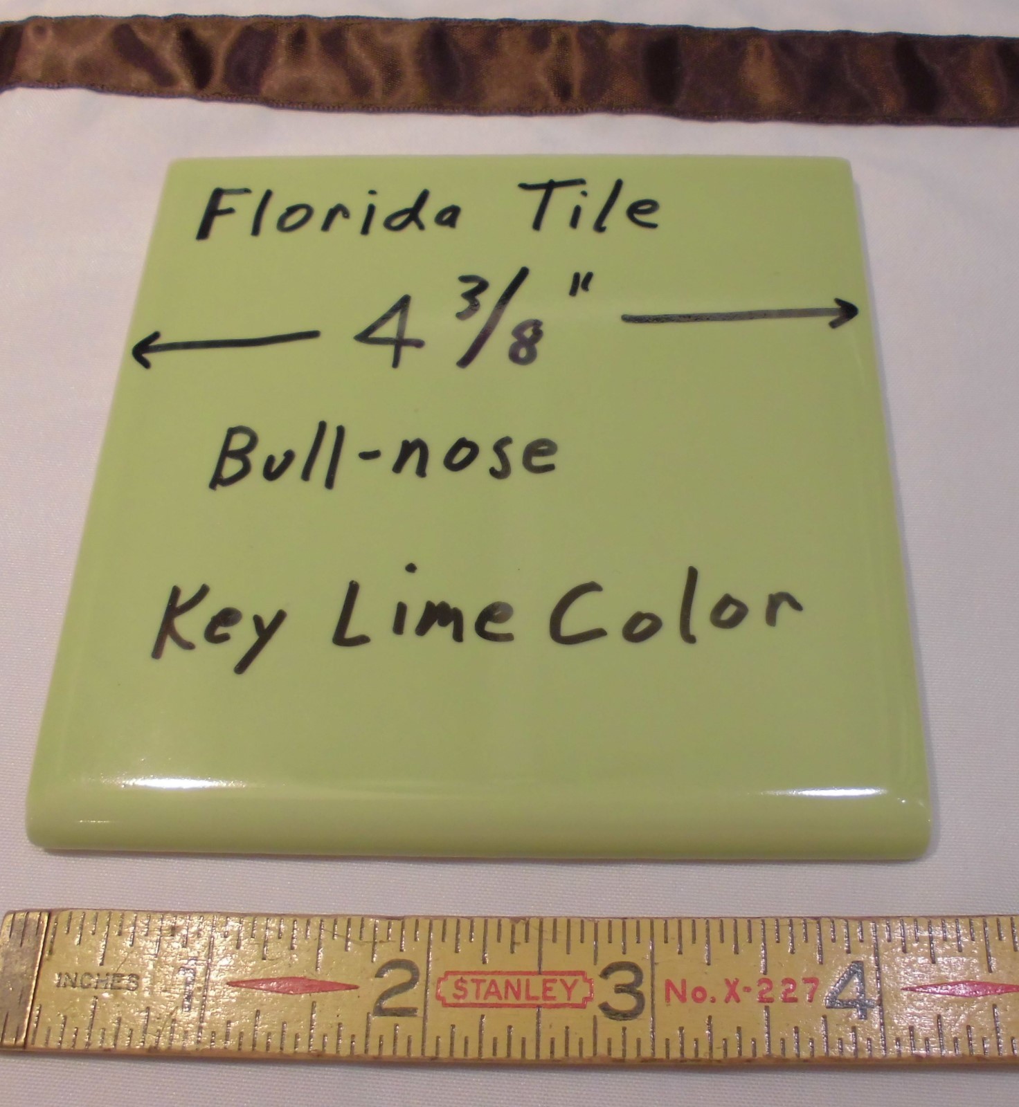 1 pc. Glossy Ceramic Bullnose Tile *Key Lime Green* 4-3/8″ Florida Tile Co.