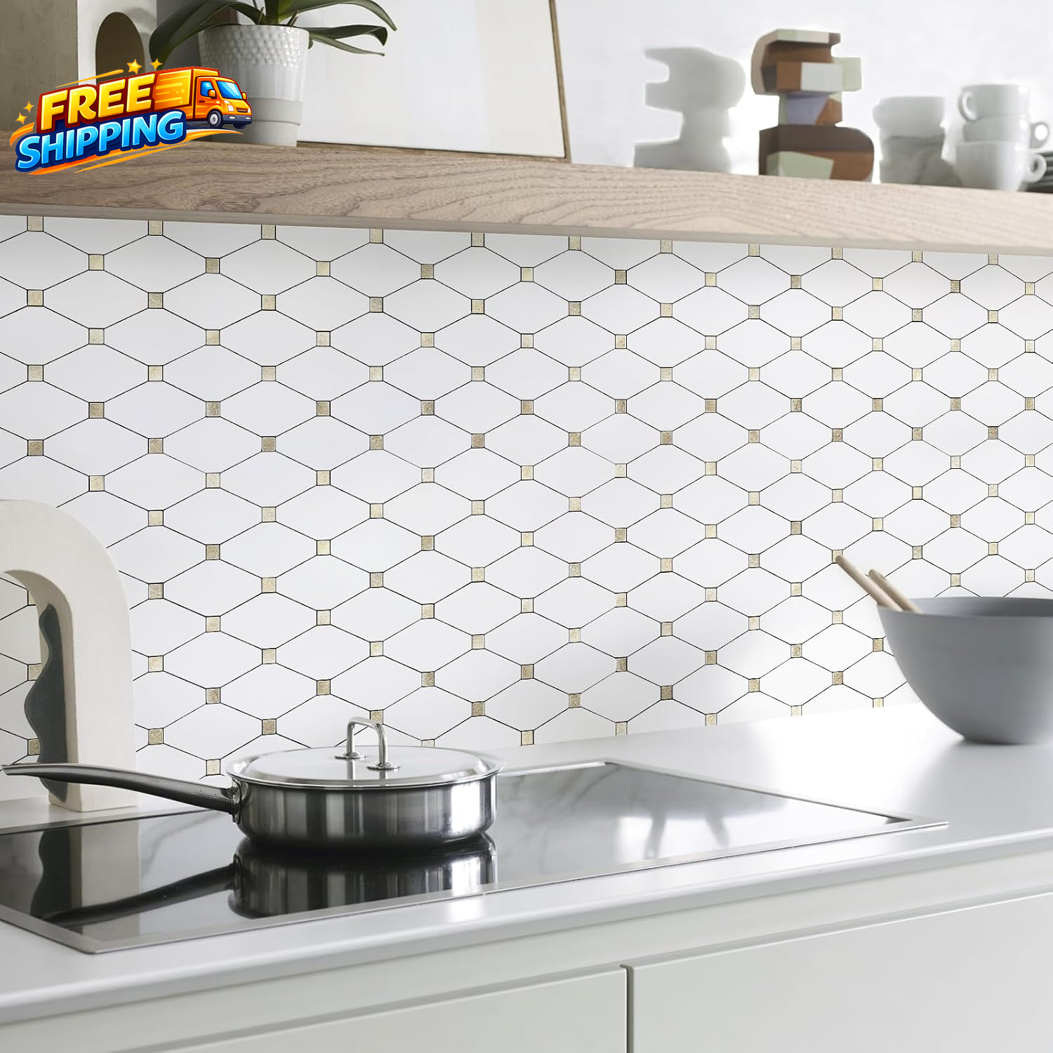 10 Sheets Peel and Stick Backsplash Pure White Marble Look PVC Mixed Metal Gold