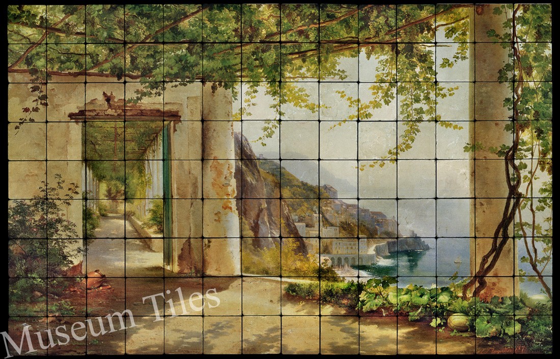 56×36 View to the Amalfi Tumbled Marble Tile Mural for Bathroom