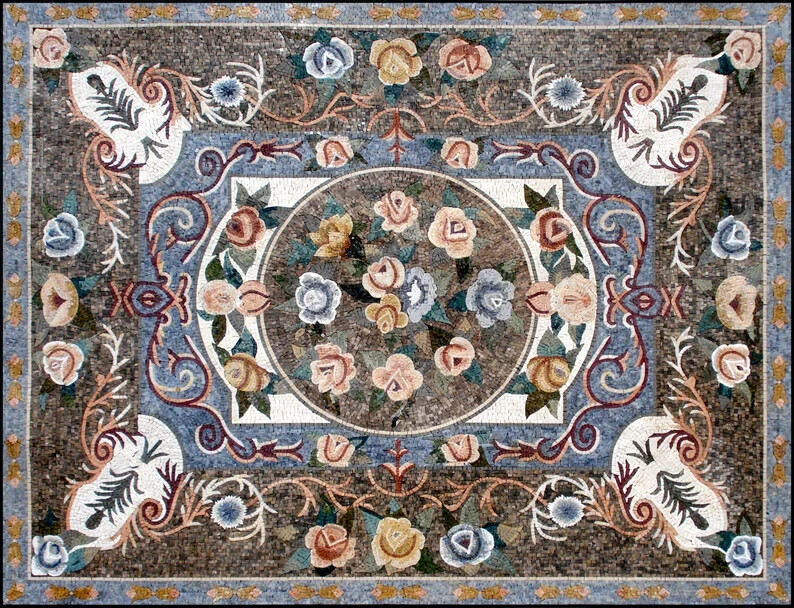FLOWER ART RUG | Marble Stone Square Shape Mosaic Rug | Beautiful Home Handmade