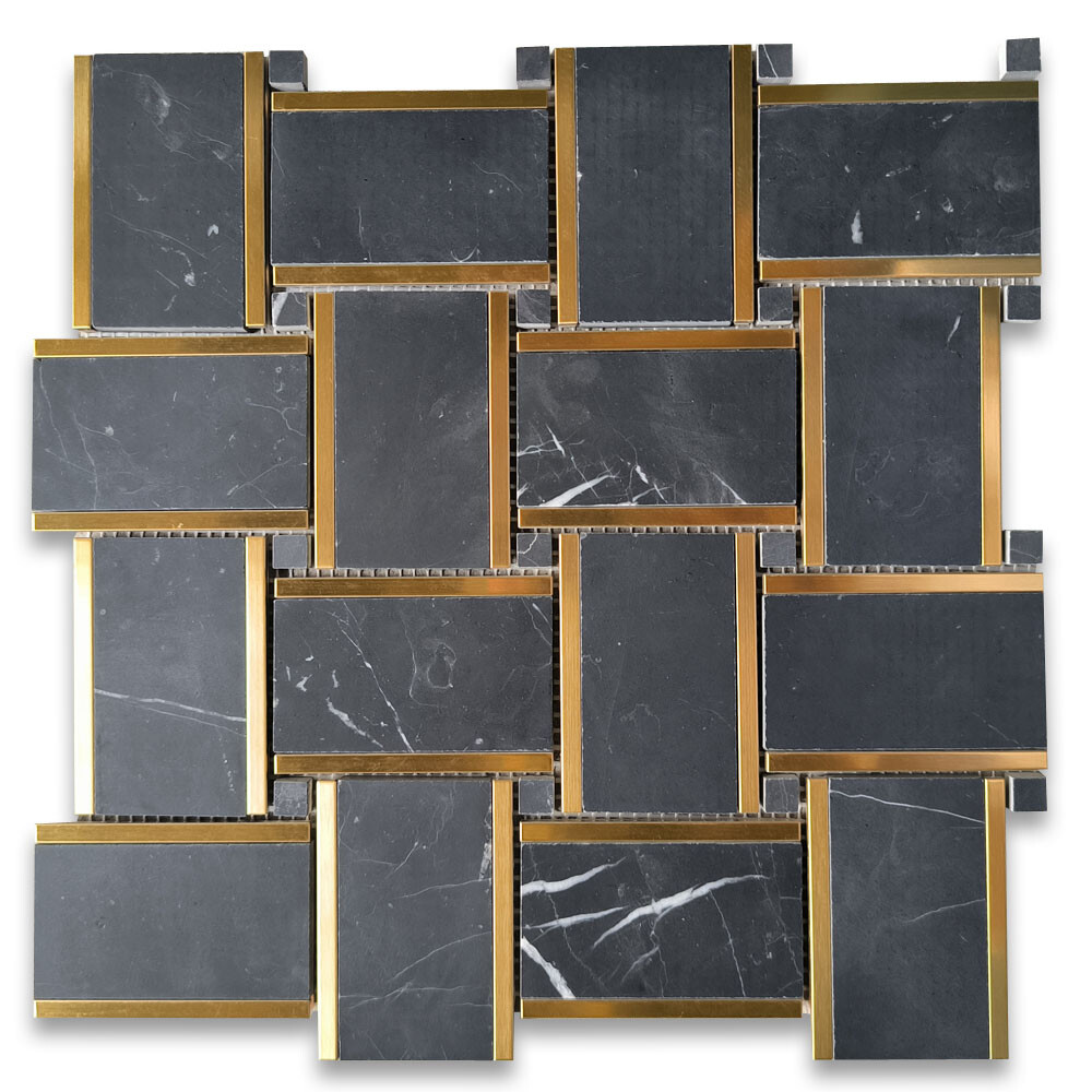 N668XH Nero Marquina Black Marble 2×3 Basketweave Mosaic Tile Honed