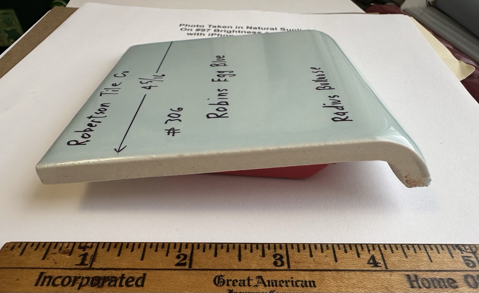 1 pc. Robin’s Egg Blue: 4-5/16″ Gloss Ceramic Radius Bullnose Tile by Robertson