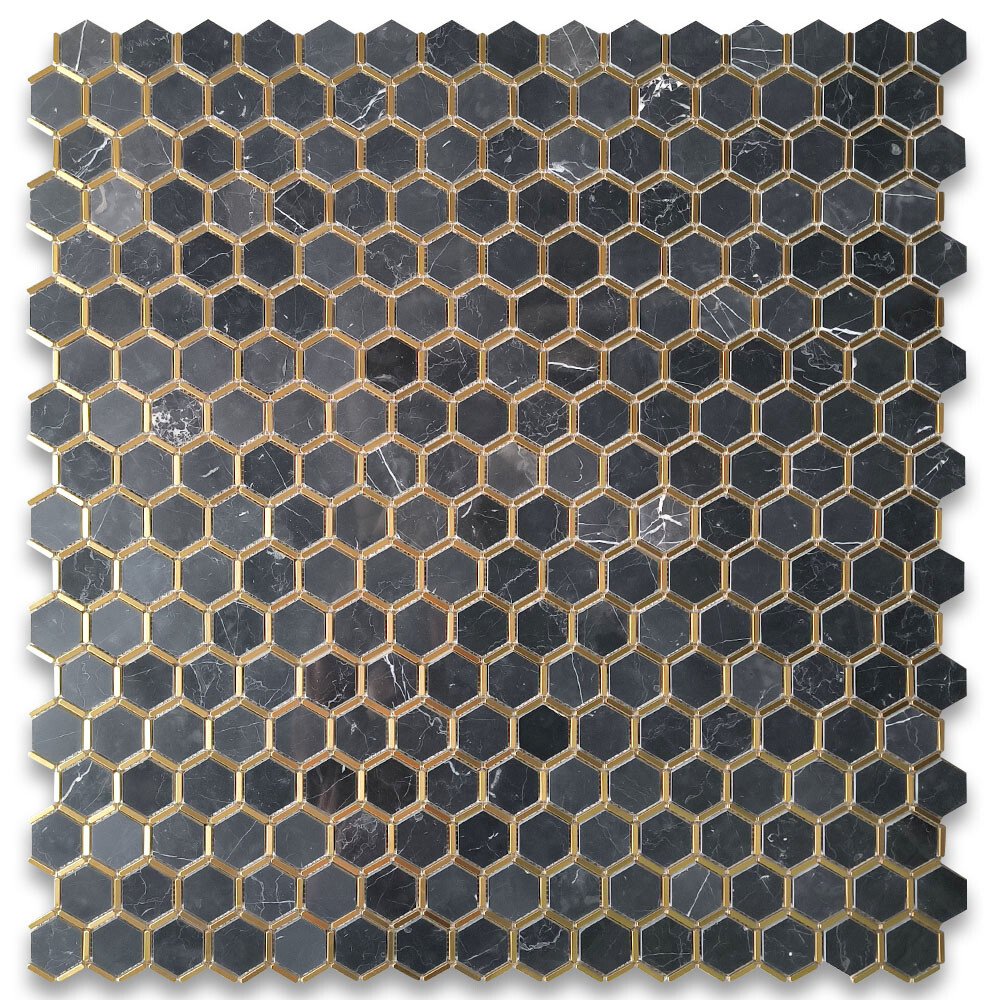 N328XP Nero Marquina Black Marble Hexagon Mosaic Tile Brass Strips Polished