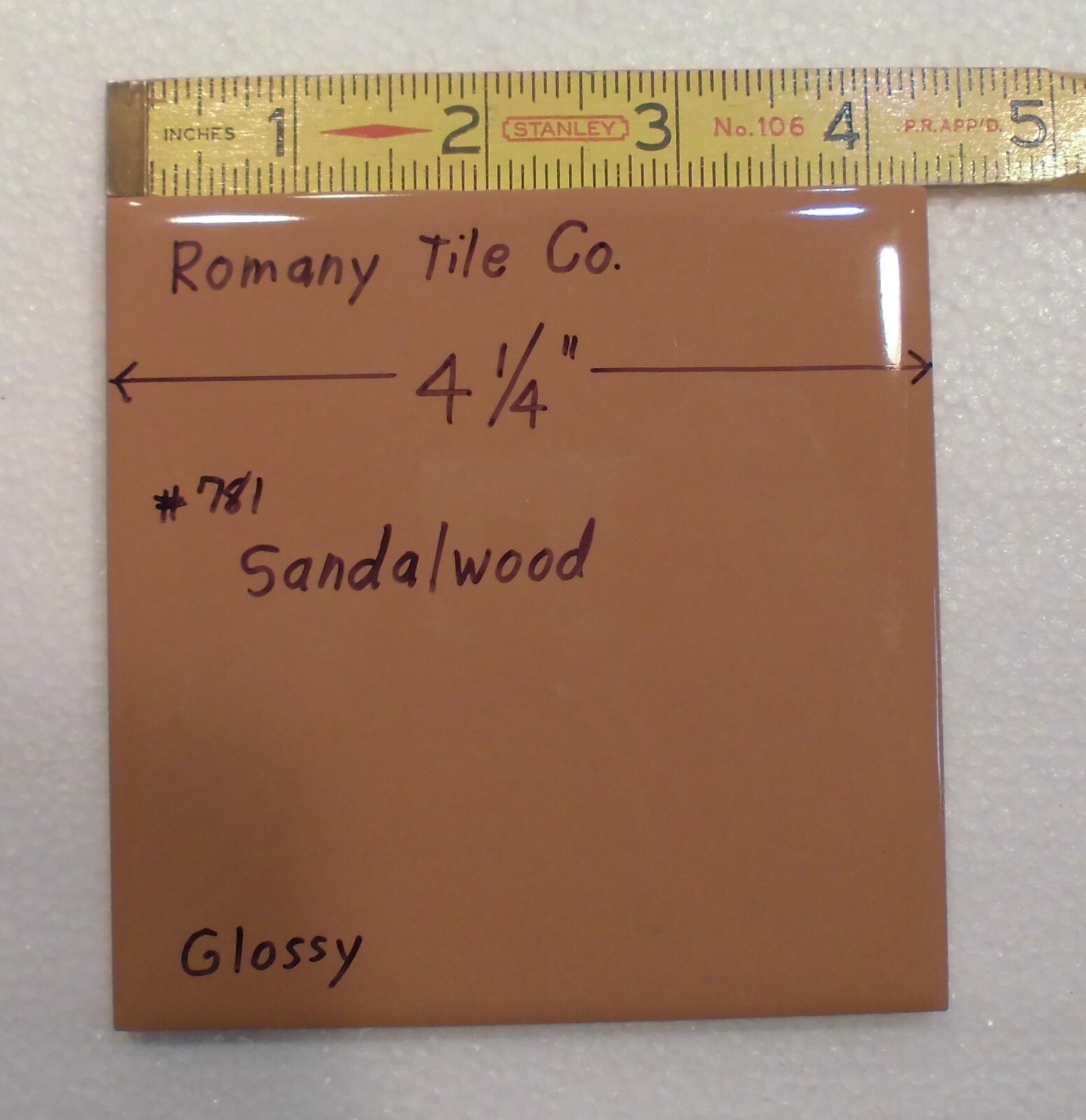 1 pc. Sandalwood – Medium Brown: 4-1/4″ Ceramic Tile by Romany Co. NOS
