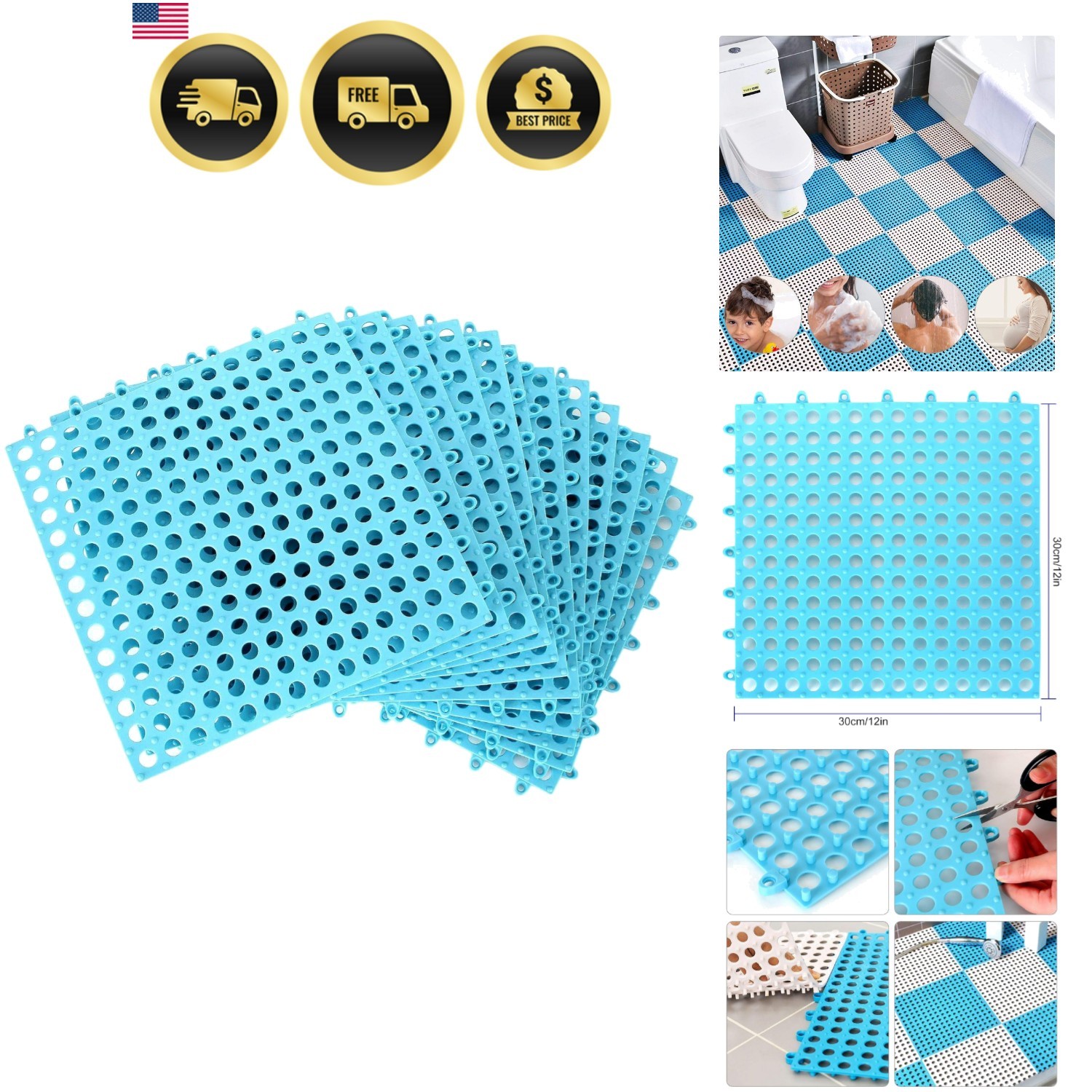 12 Pack 11.8″ x 11.8″ Interlocking Floor Tiles with Drain Holes Soft PVC Non …