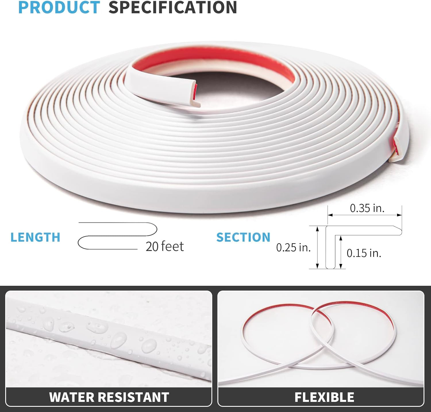 20Ft Peel and Stick Vinyl Corner Trim for Tile and Wall Edges, White