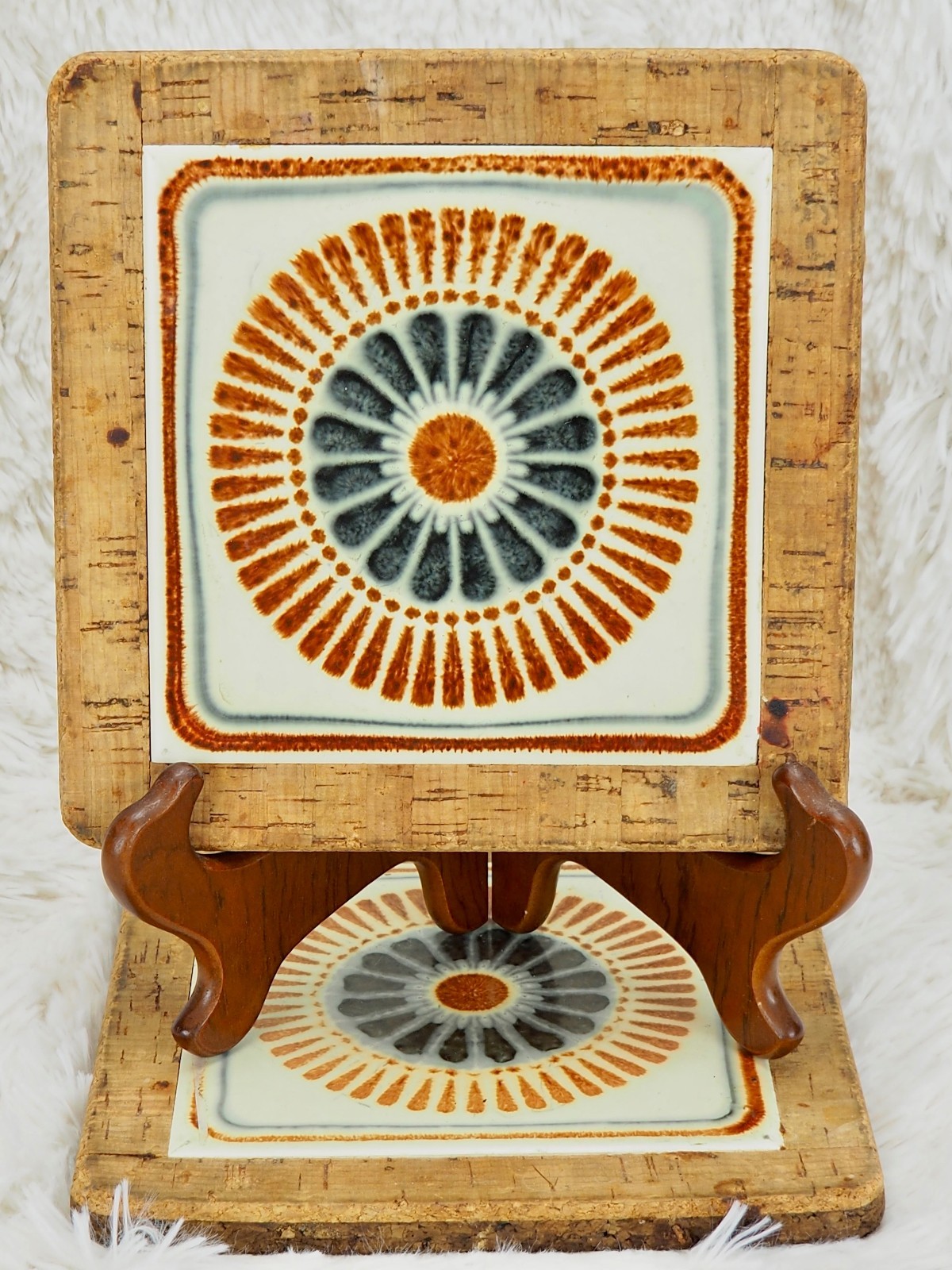 Vintage Cork Backed Ceramic Mandala Art Tile Trivet Orange Blue 7.5″ Square PAIR