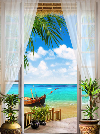 window view of tropical beach ocean Mediterranean ceramic tile mural backsplash