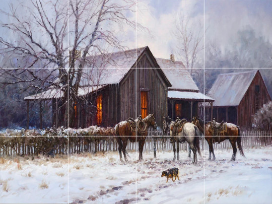 western cowboys horses winter log cabin country ceramic tile mural backsplash