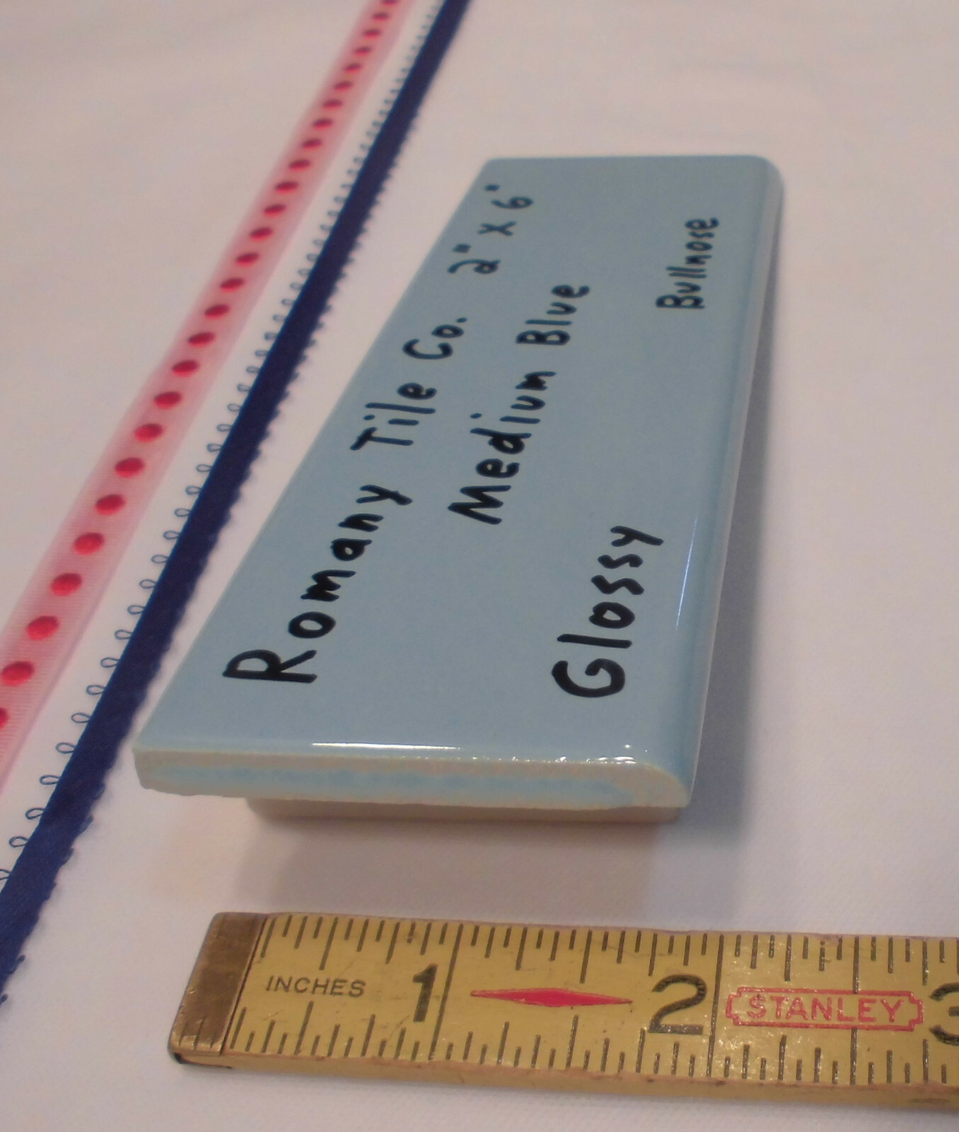 1 pc. *Medium Blue* 2” X 6” Glossy Surface Bullnose Ceramic Tile: New Old Stock