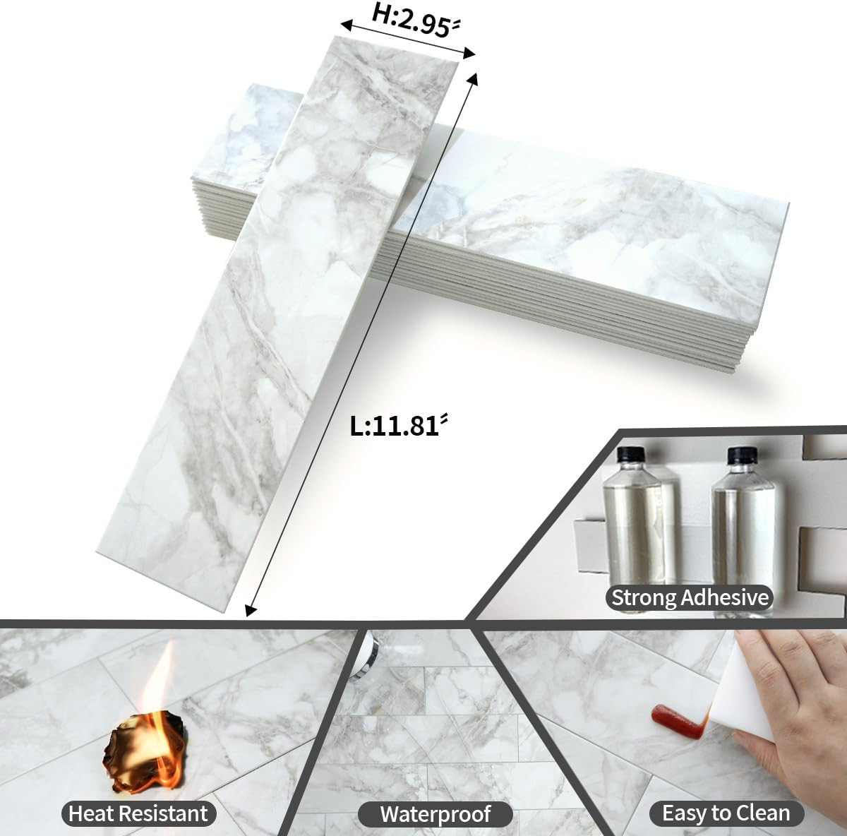 40-Piece Polished White Marble Peel and Stick Backsplash Wall Tiles, 3″