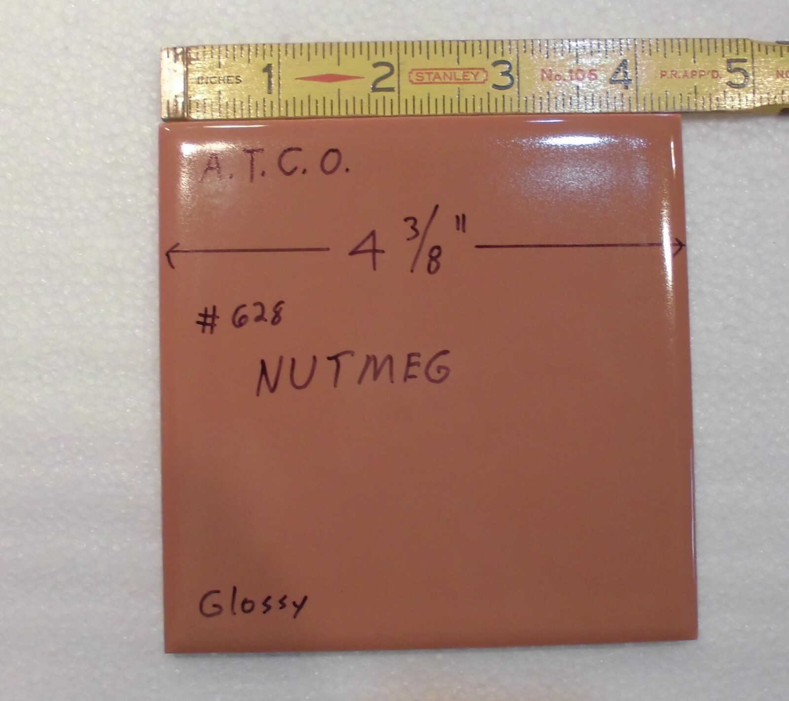 1 pc. Medium Brown – Nutmeg: 4-3/8″ Glossy Ceramic Tile by ATCO, New Old Stock