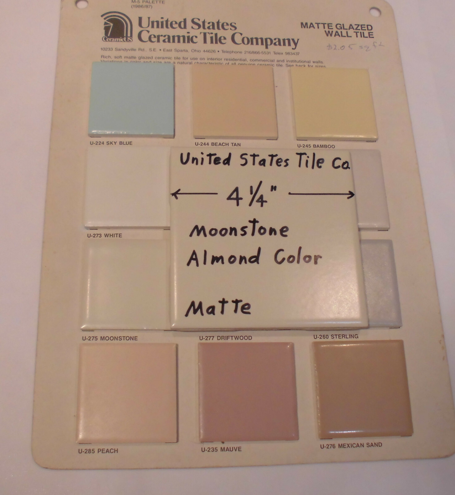 1 pc. *Almond – Moonstone* Matte Ceramic Tile 4-1/4″ (NOS) Made in USA