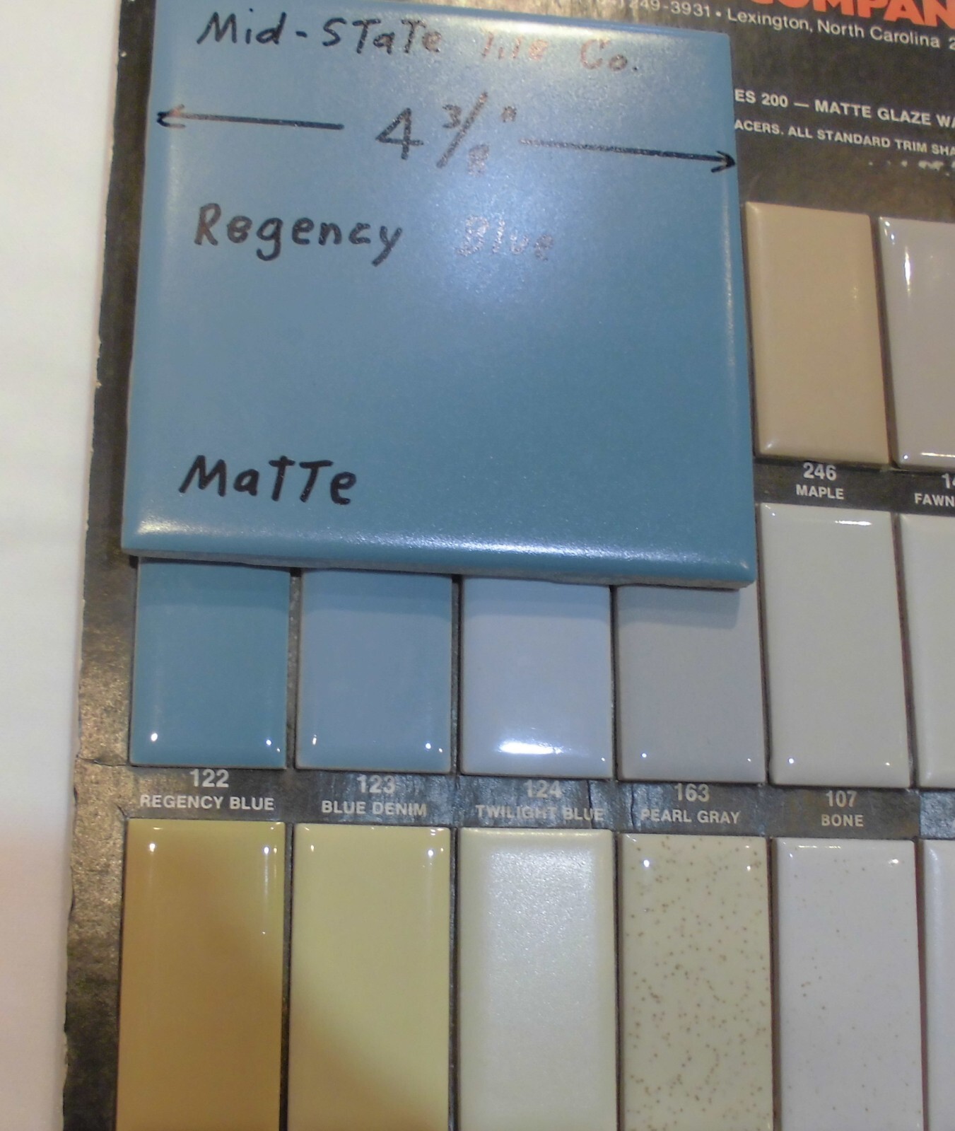 1 pc. Regency Blue: Matte Ceramic Tile 4-3/8″ by Mid-State Tile Co. NOS