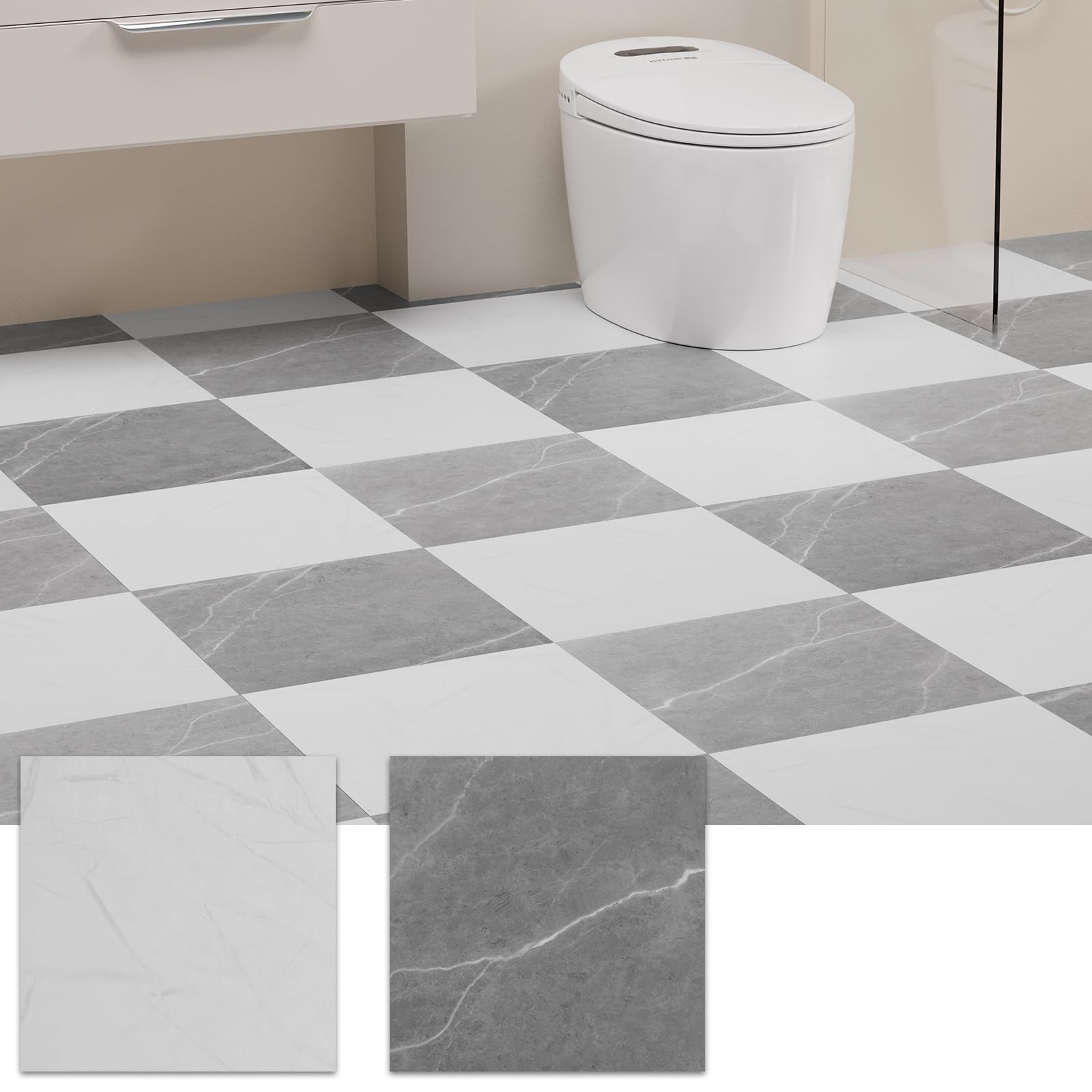 Peel and Stick Floor Tile, 30 PCS 12″ x 12″ Checkered Waterproof Marble Textu…