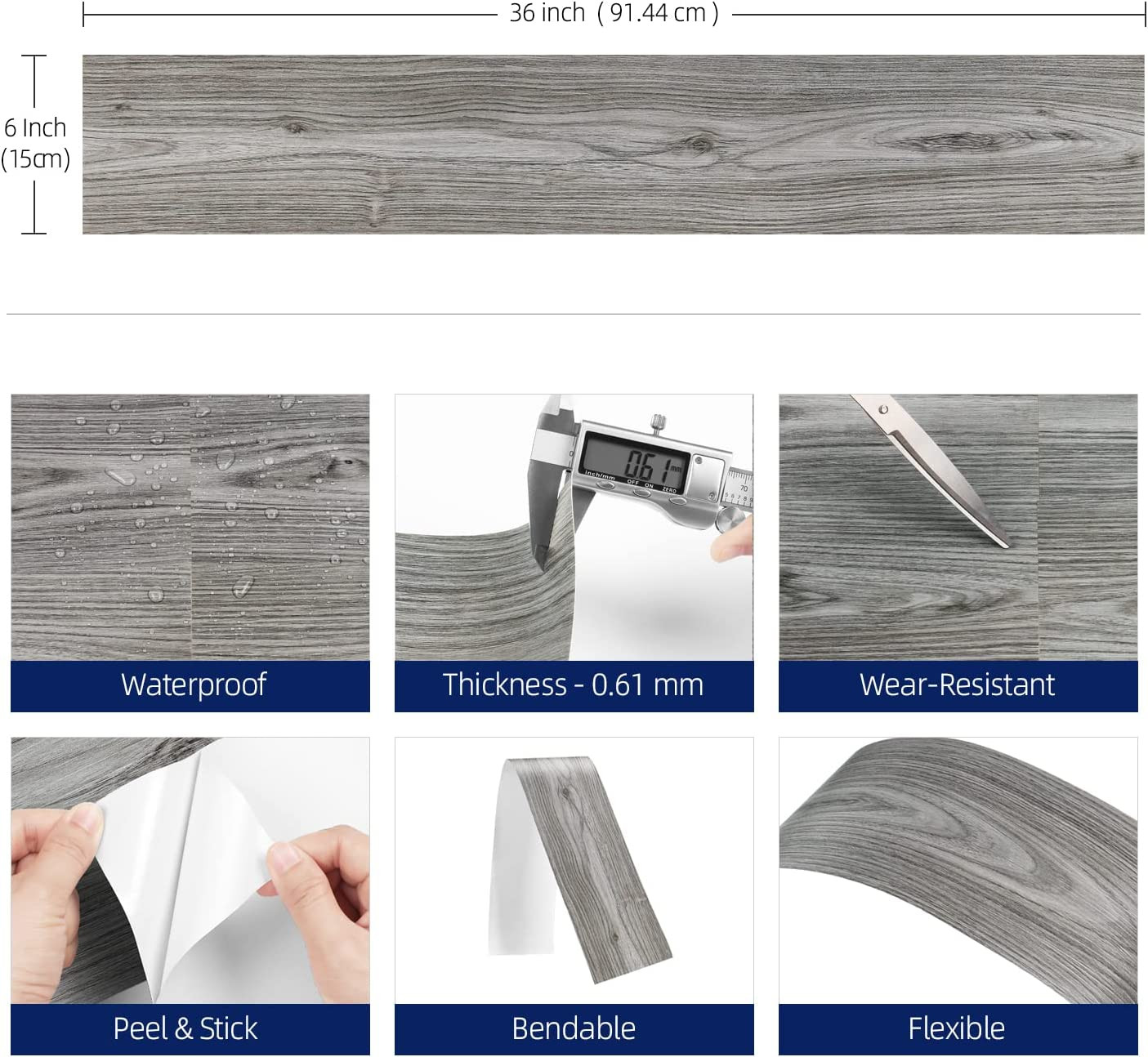 6X36 Grey Wood Peel and Stick Floor Tile Natural Wood Vinyl Flooring Peel and