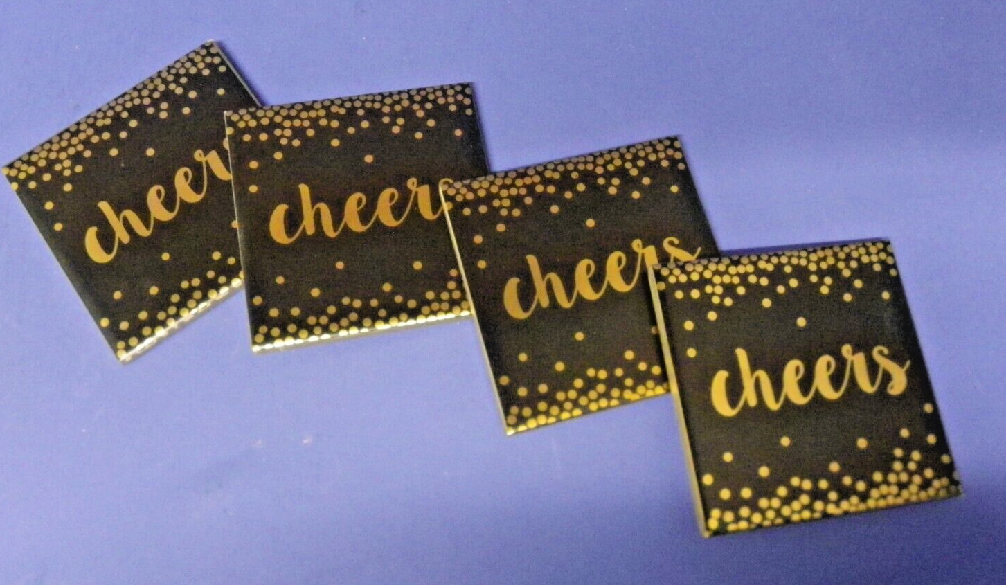 4 Harman Ceramic Drink Coasters Cork Back Black & Metallic Gold “Cheers” New
