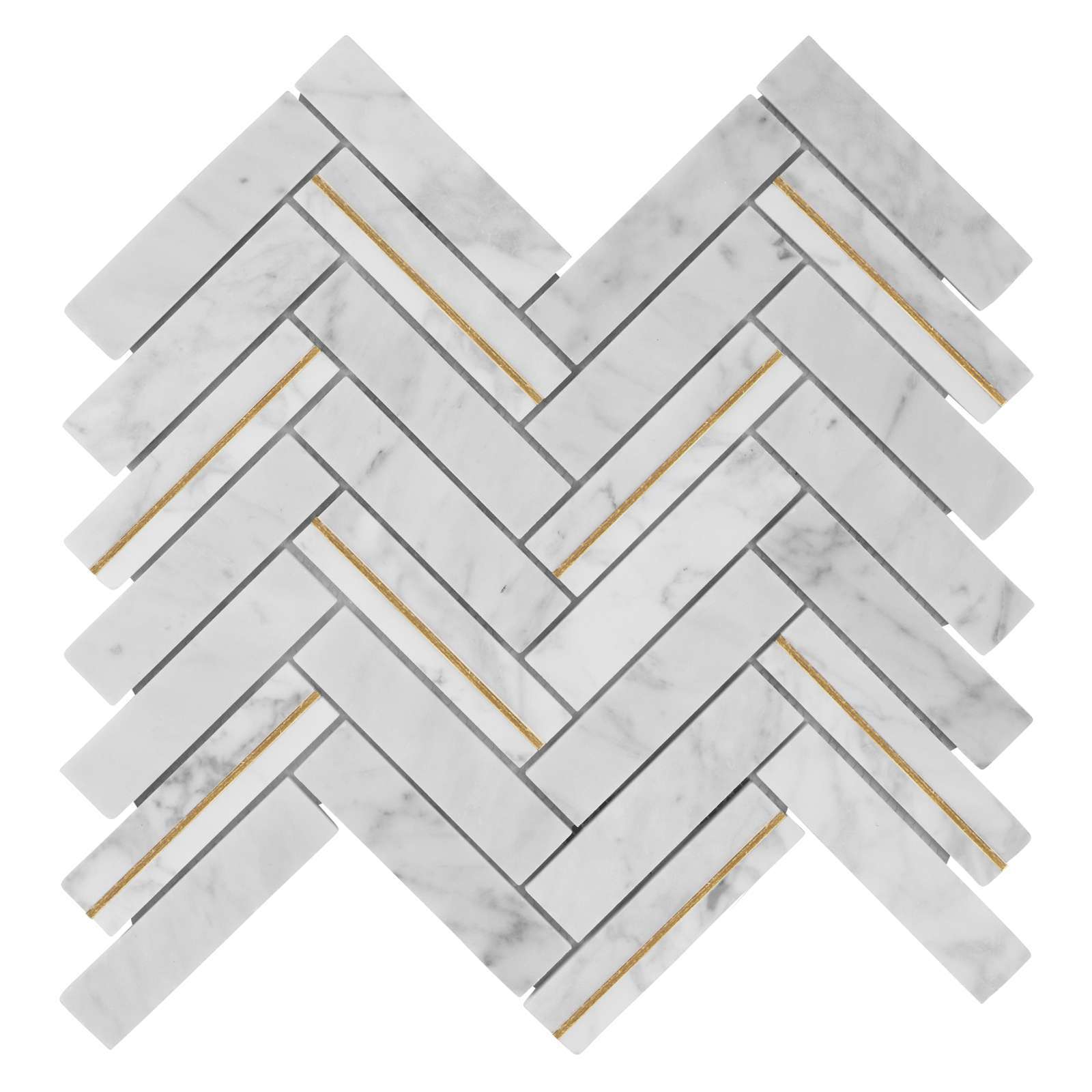 Carrara White Marble Stone Gold Metal Inlay Herringbone Kitchen Tile Backsplash