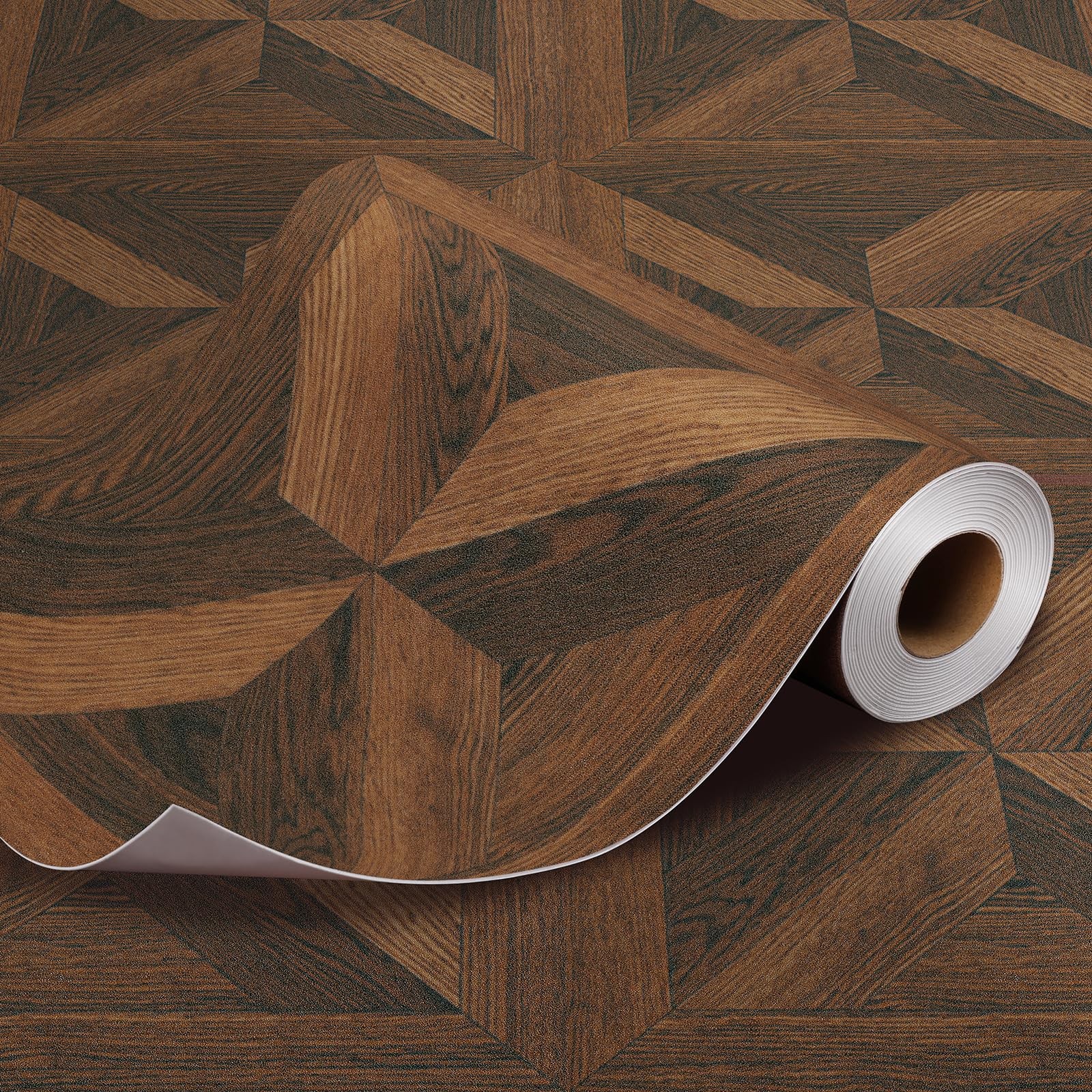 Brown Wood Look Peel and Stick Vinyl Flooring Roll Geometric Parquet Floor Co…