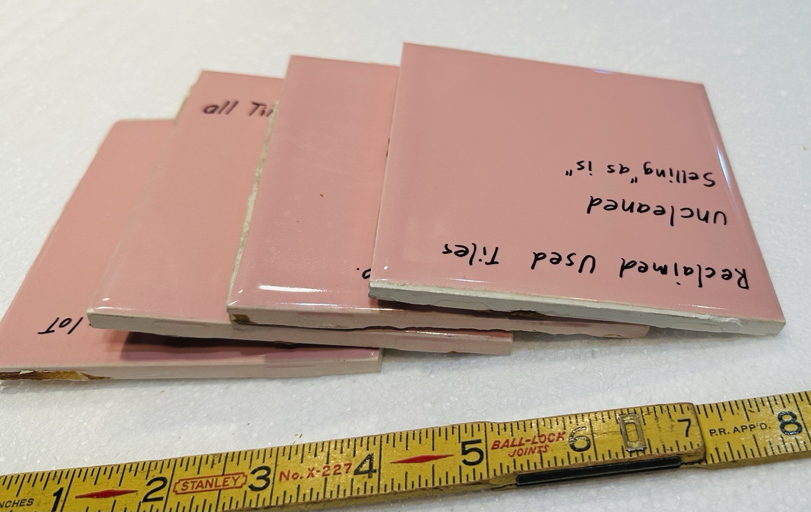 4 Corallin Pink Ceramic Tiles: by Wenczel Co. Used; all uncleaned & needs work