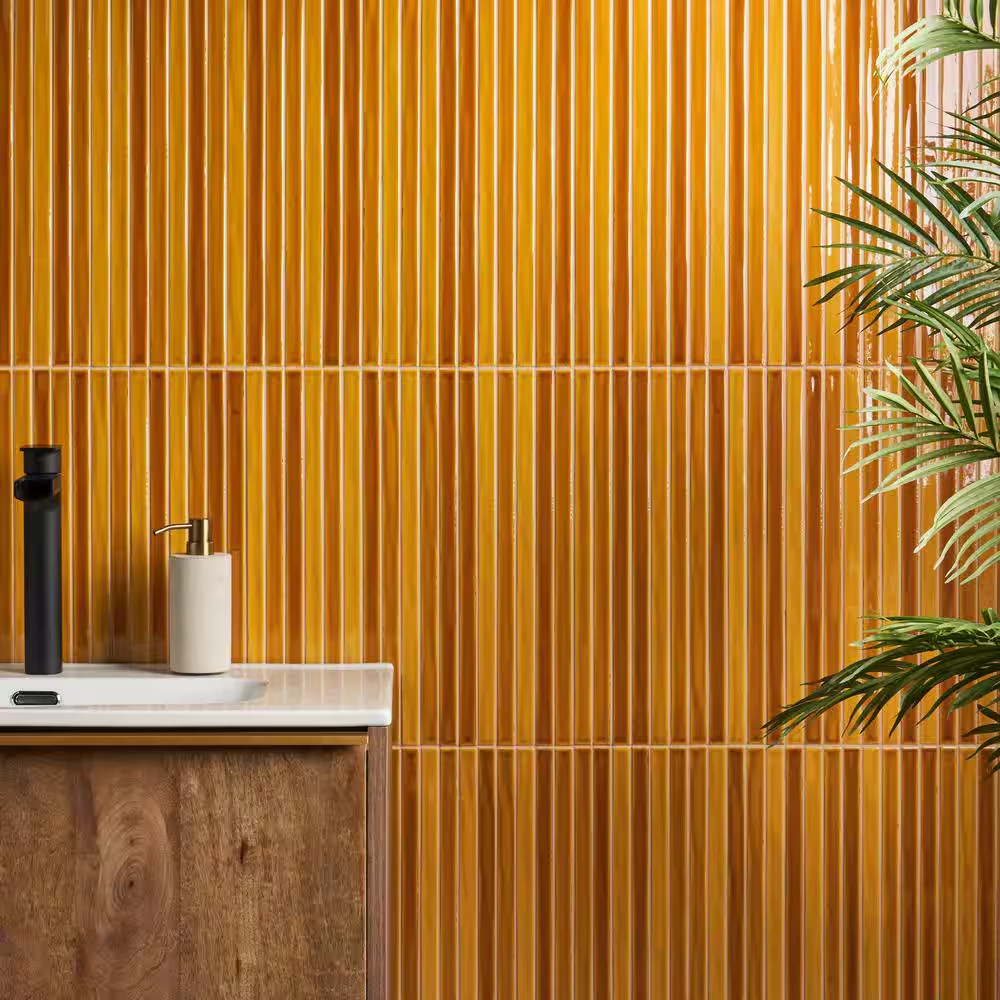 Vistaio Mustard Yellow 5.27 In. X 17.71 In. Glossy Ceramic Mosaic Wall Tile (0.6
