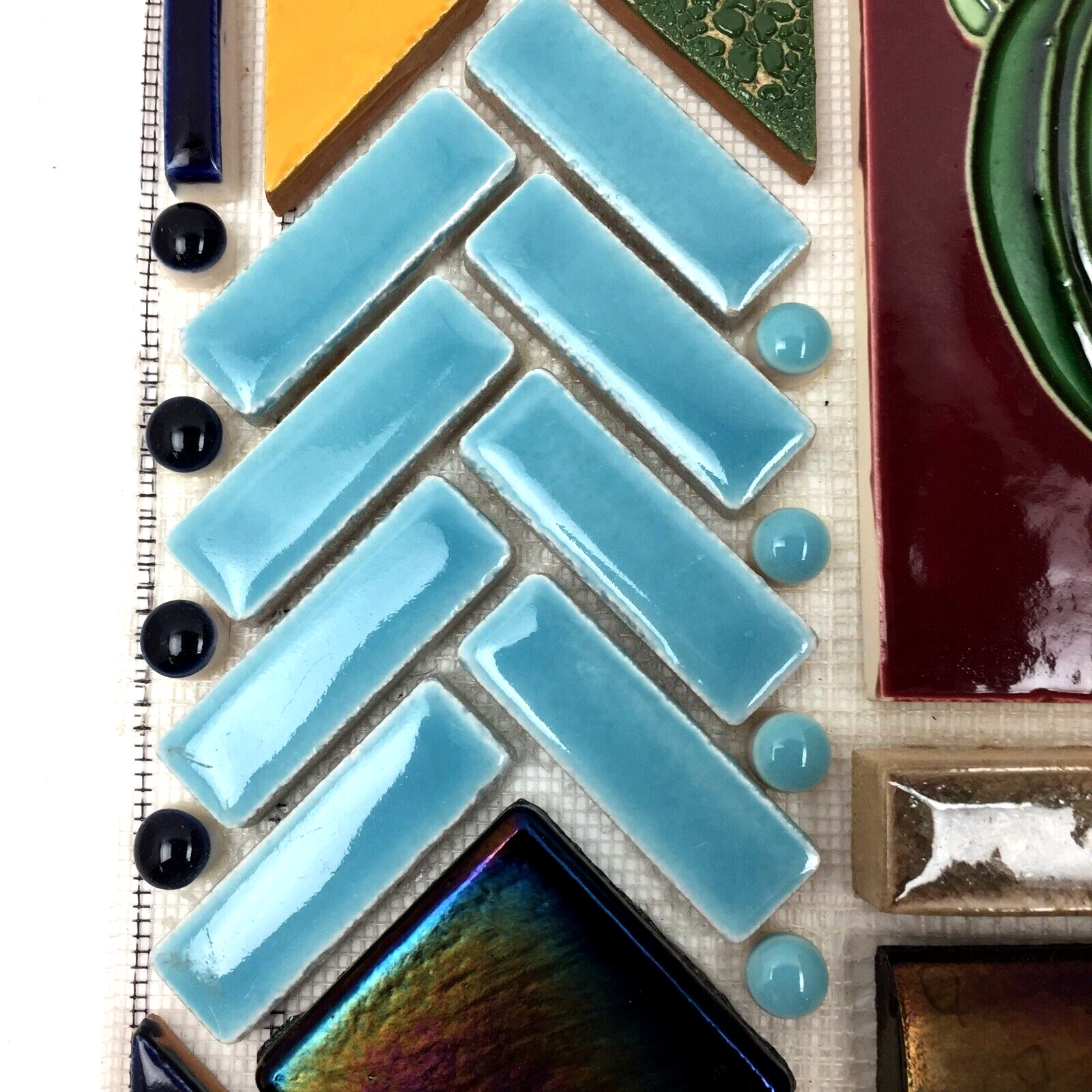Tile Mosaic Feature Panel w/Vintage Handmade Ceramic and Glass Tile 12″ X 12.75″