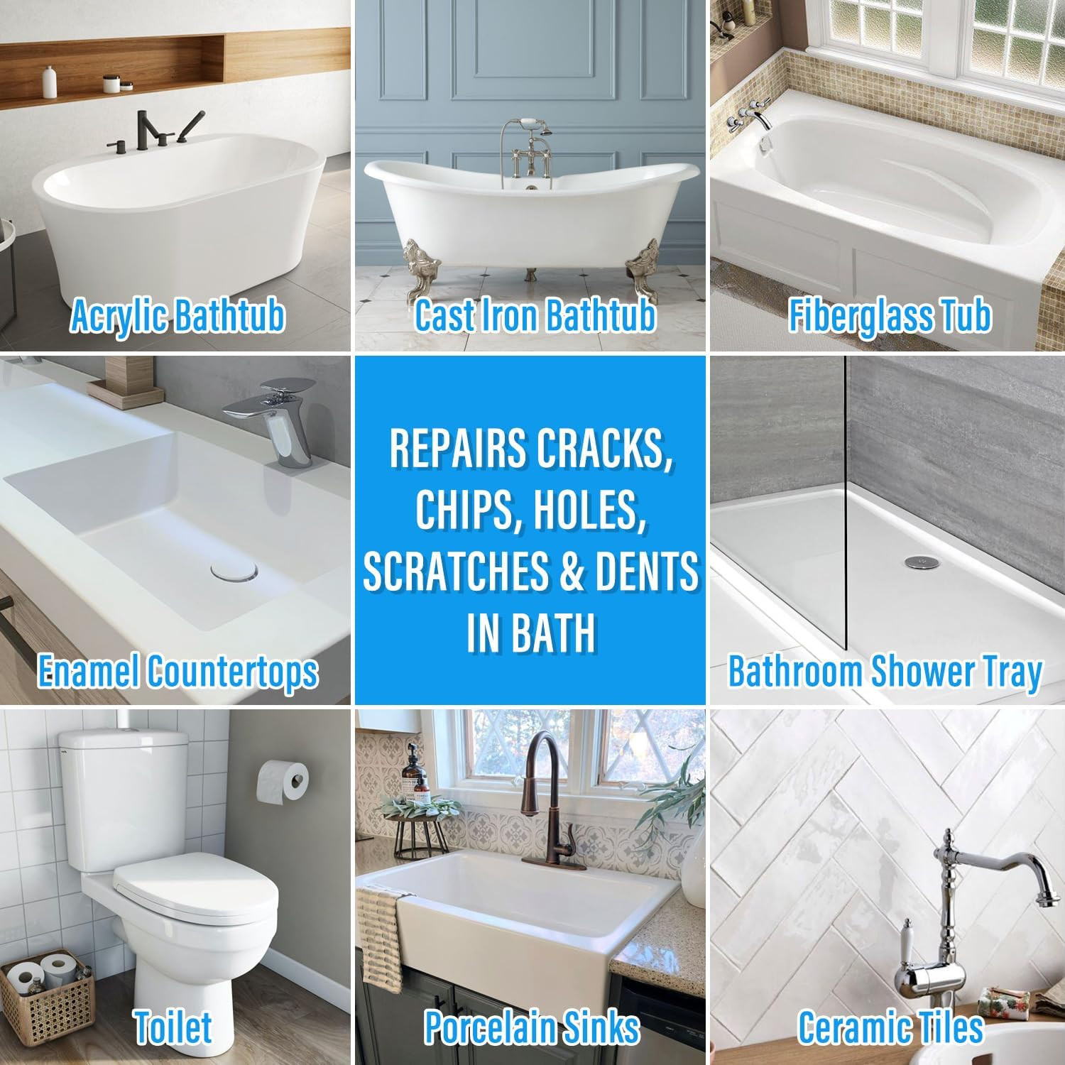 Tub Repair Kit White, Tub Chip and Bathtub Repair Kit for Enamel, Fiberglass, Ac