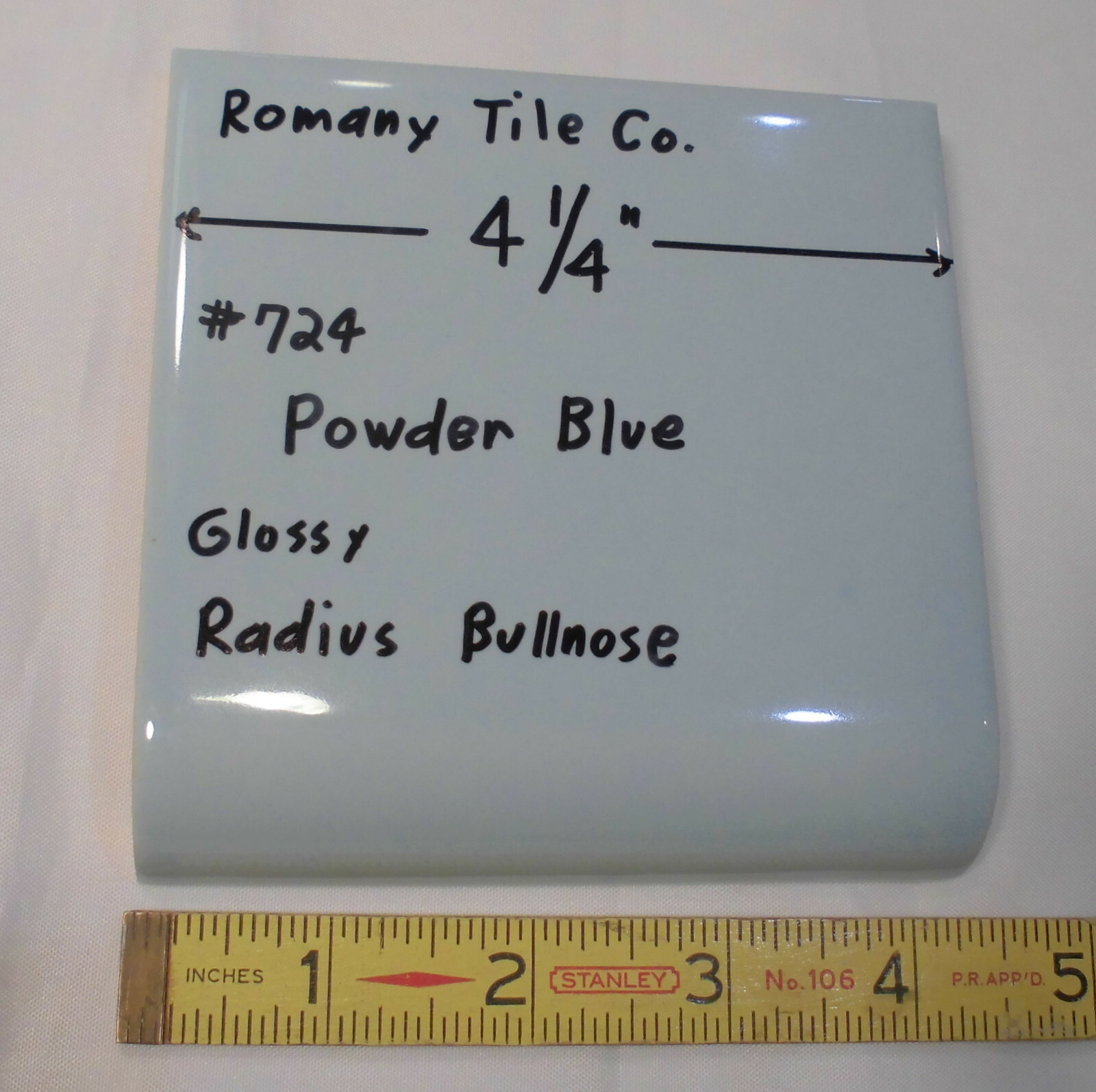 1 pc. Powder Blue: Glossy Radius Bullnose Ceramic Tile 4-1/4″ by Romany Co. NOS