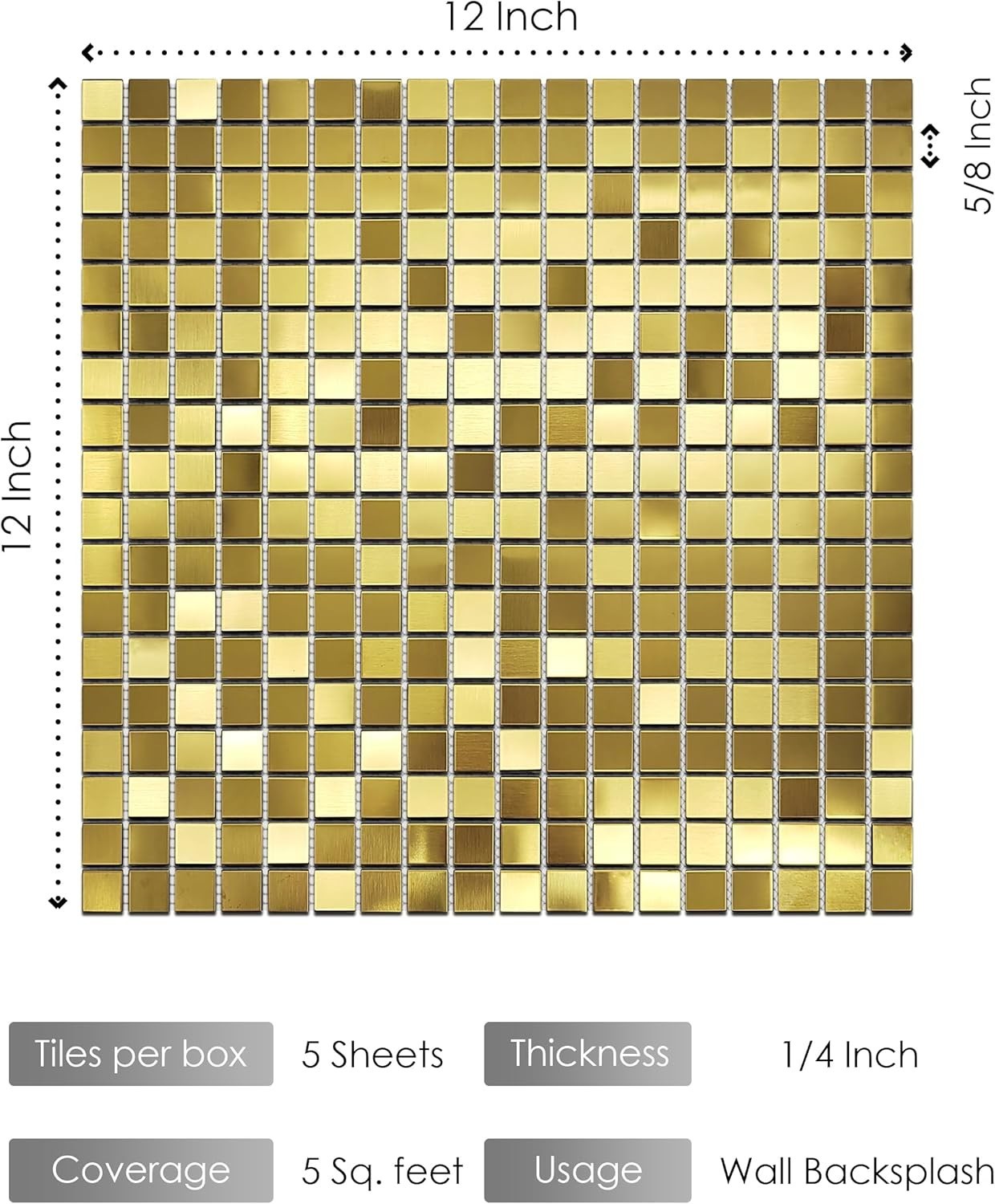 Gold Mosaic Tile Squares 12×12 for Kitchen Backsplash & Bathroom Walls (5 Pack)