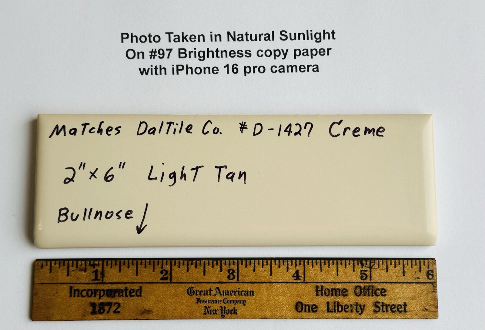 1 pc. Light Tan – Cream: 2″ X 6″ Glossy Ceramic Bullnose Tile, Daltile #D-1427