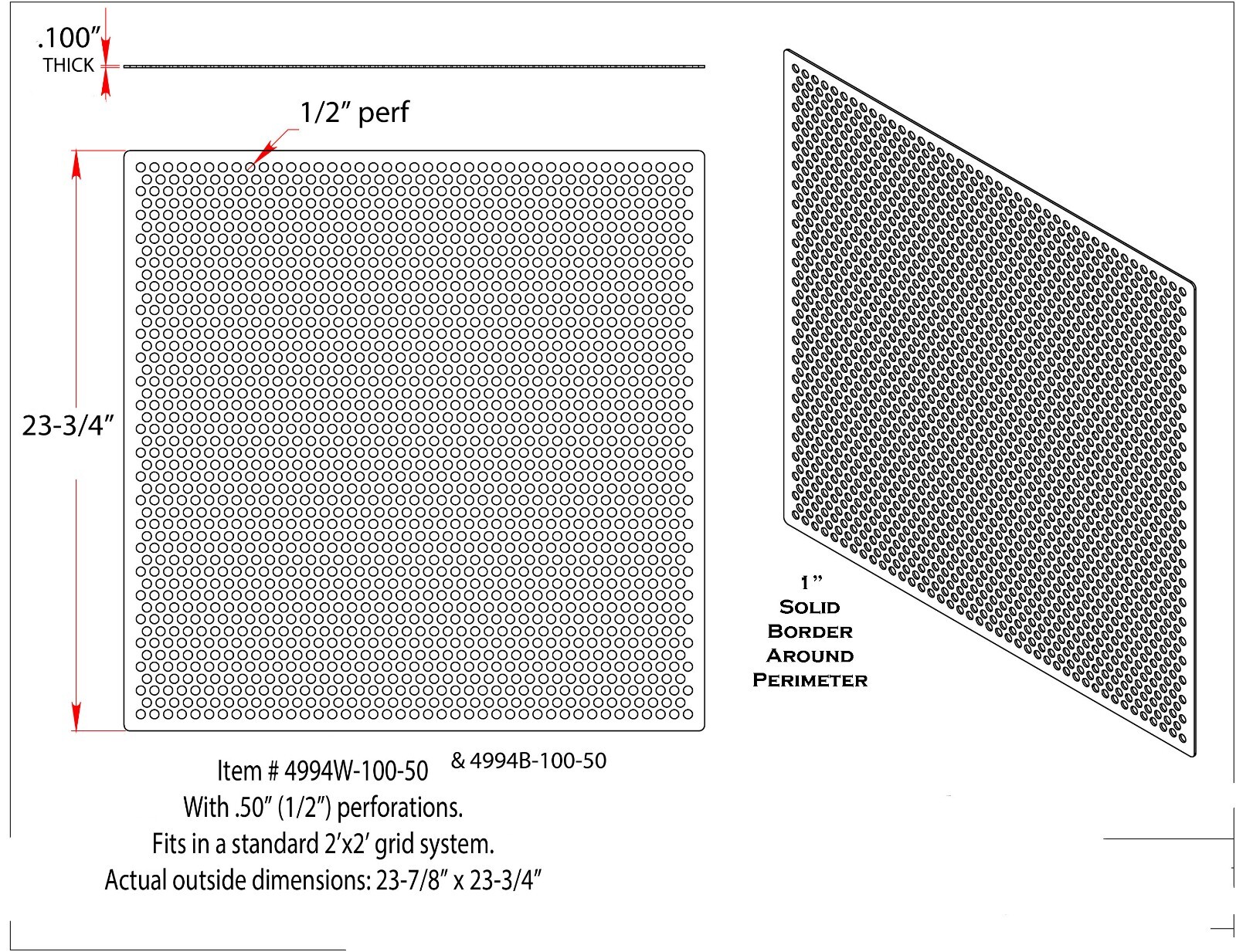 2’x2′ White Plastic Perforated Ceiling Tile with 1/2″ holes-2pack